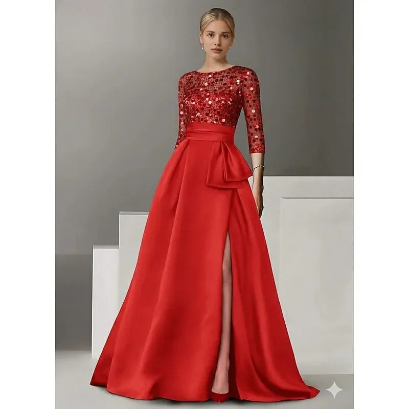 Glittering A-Line 3/4 Length Sleeve Illusion Neck Satin Ruffles Floor-Length Mother Of The Bride Dress