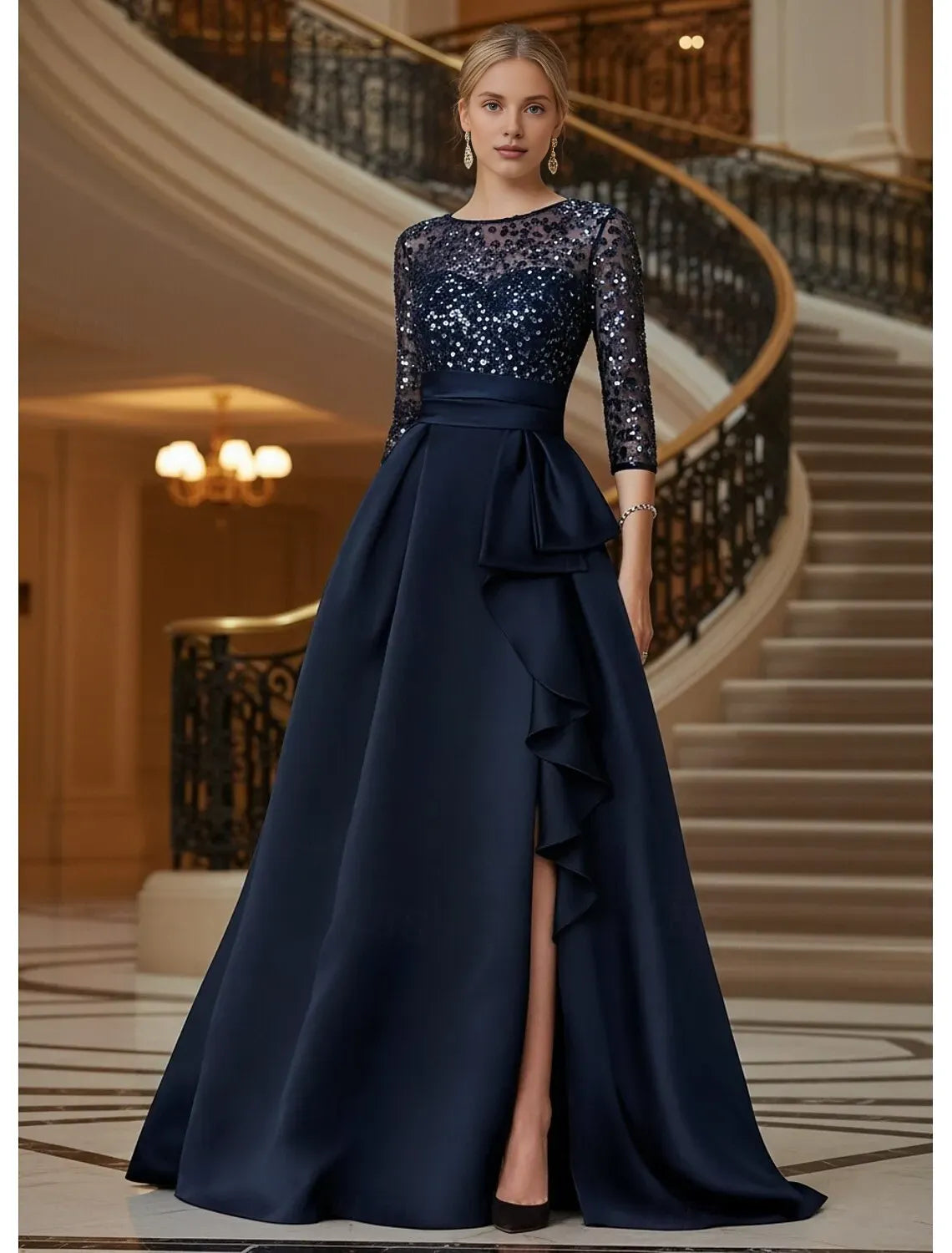 Glittering A-Line 3/4 Length Sleeve Illusion Neck Satin Ruffles Floor-Length Mother Of The Bride Dress