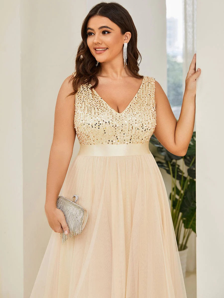 Robe de soirée grande taille Weitese sans manches en tulle à paillettes et ruban à taille haute