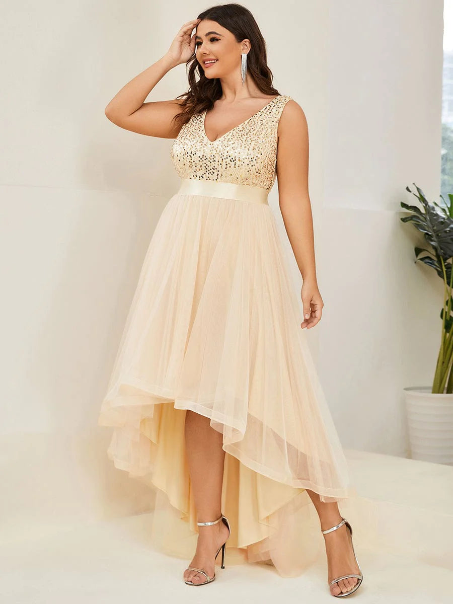 Robe de soirée grande taille Weitese sans manches en tulle à paillettes et ruban à taille haute
