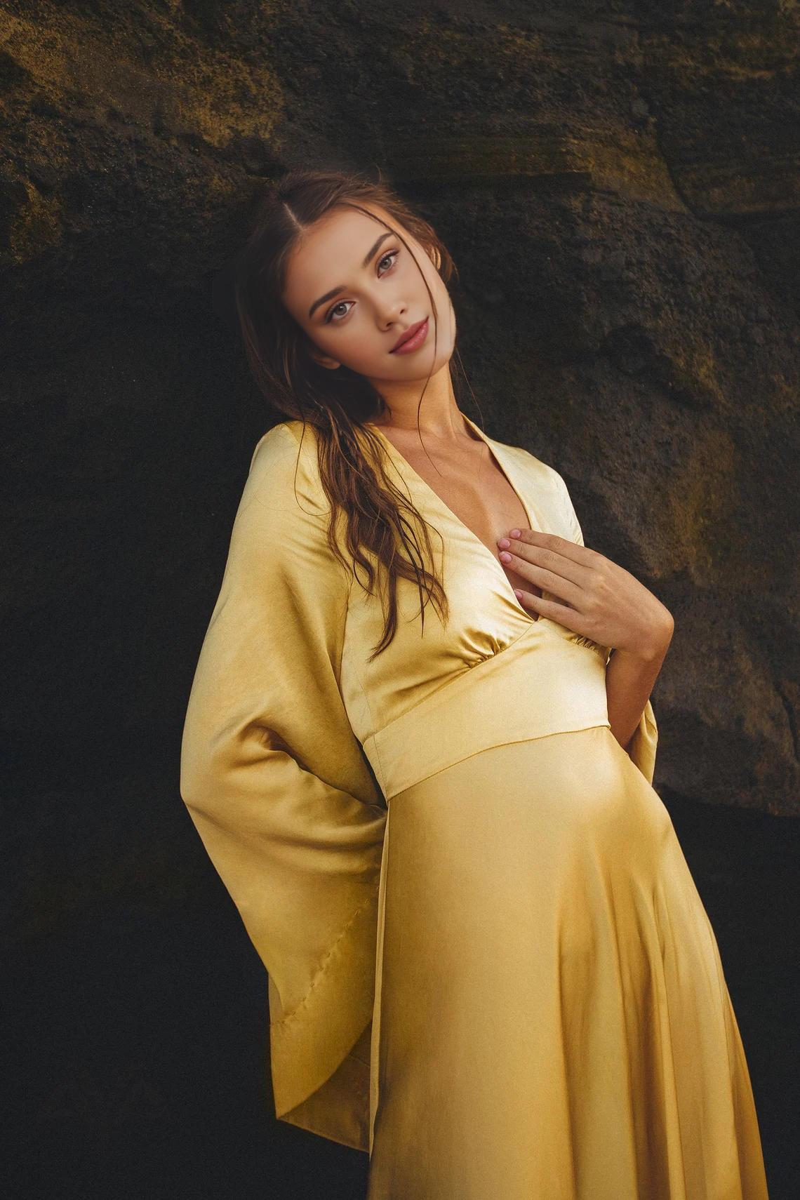 Gold Dress Floor Length Goddess Bell Sleeve Dress Deep V Neck Bridesmaid Wrap Prom Dress Bohemian Style