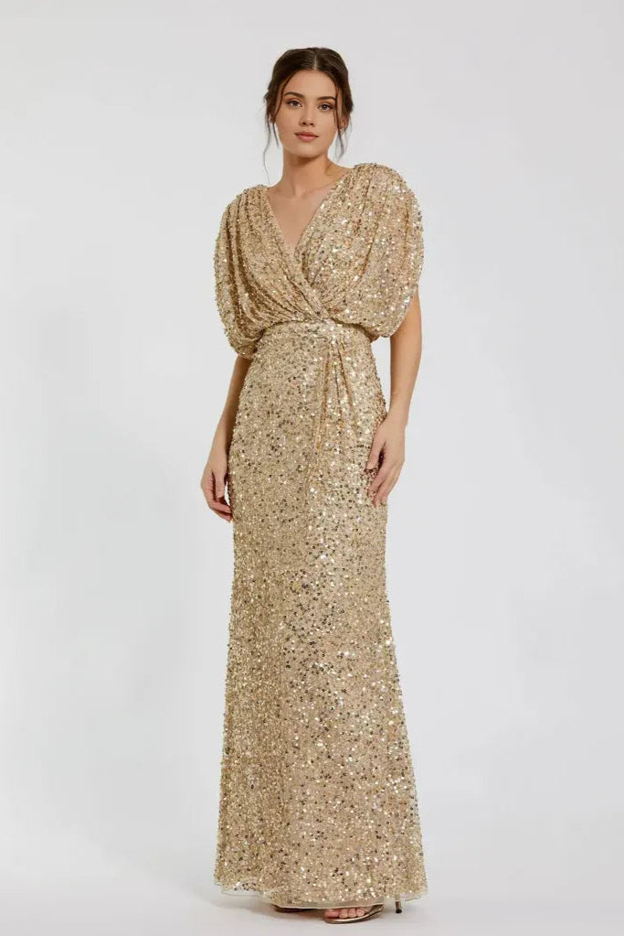 Luxury Column V Neck Draped Sleeve Zipper Up Floor-Length Prom Dress