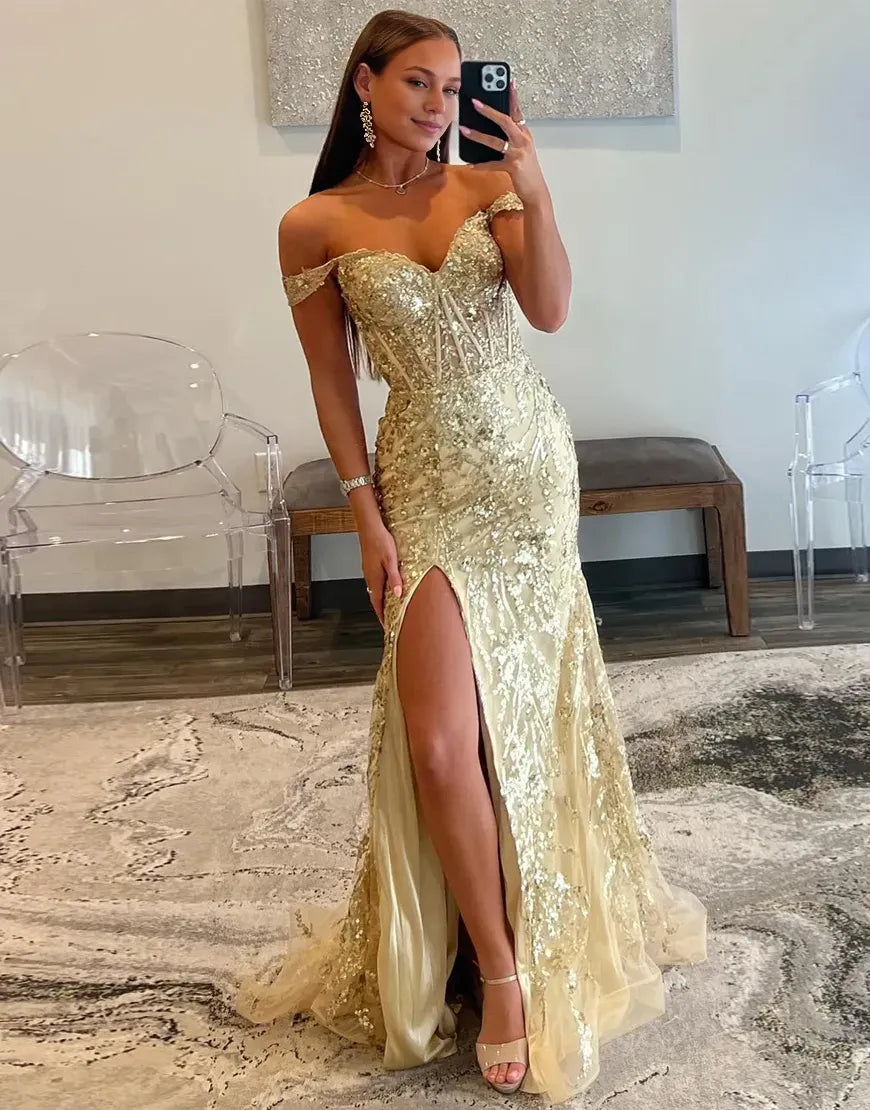 Vestido de fiesta largo de sirena con hombros descubiertos, brillante y dorado, hasta el suelo, con abertura