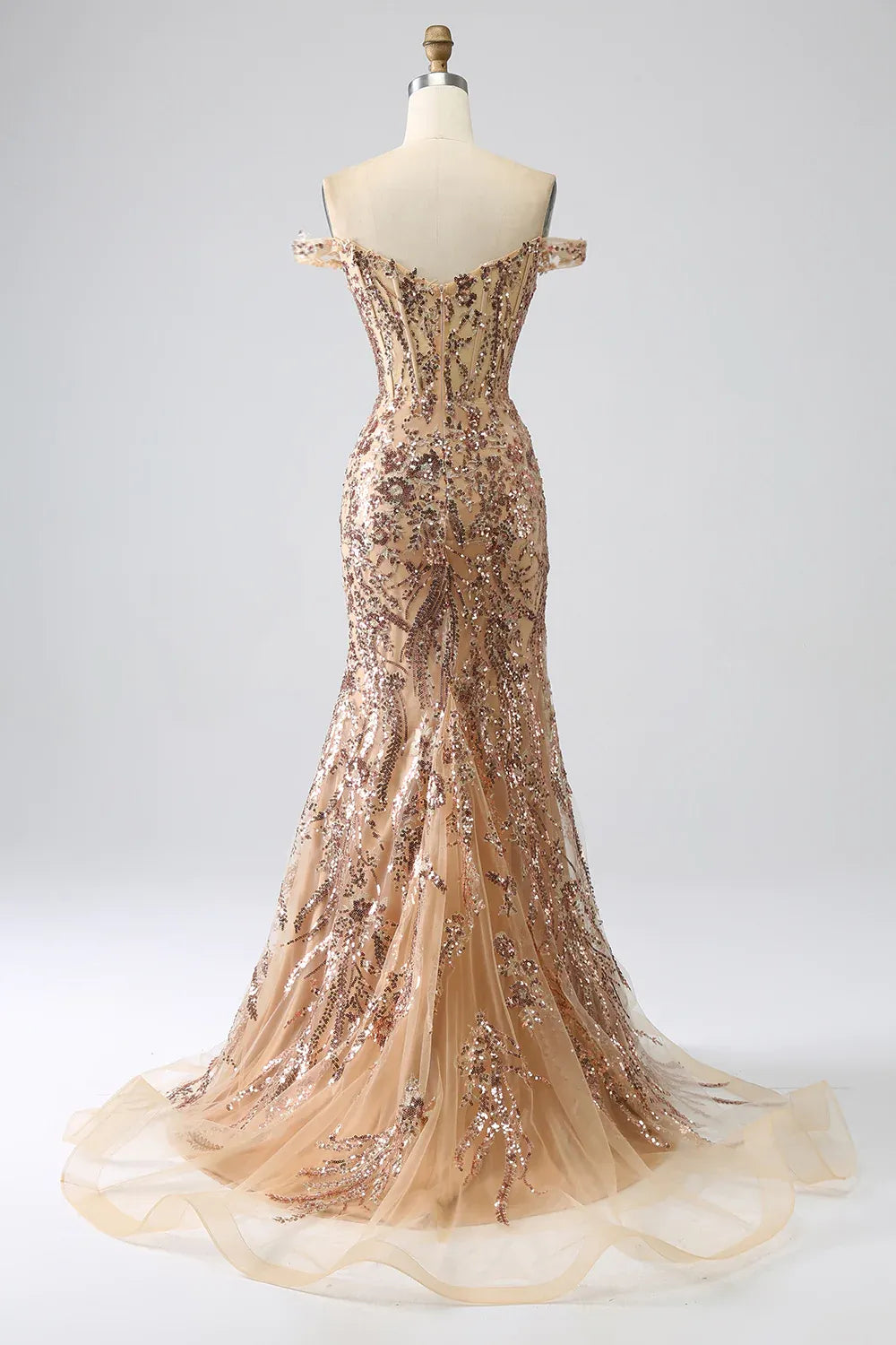 Vestido de fiesta largo de sirena con hombros descubiertos, brillante y dorado, hasta el suelo, con abertura