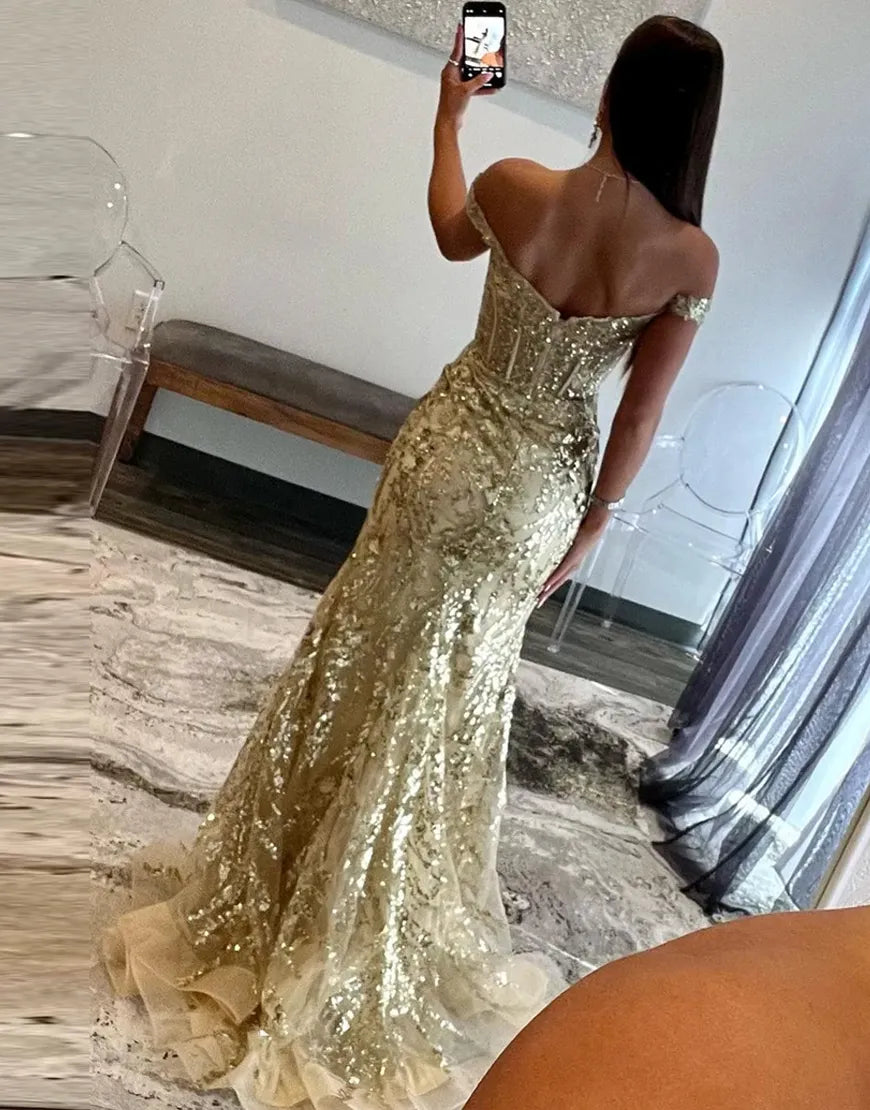 Vestido de fiesta largo de sirena con hombros descubiertos, brillante y dorado, hasta el suelo, con abertura