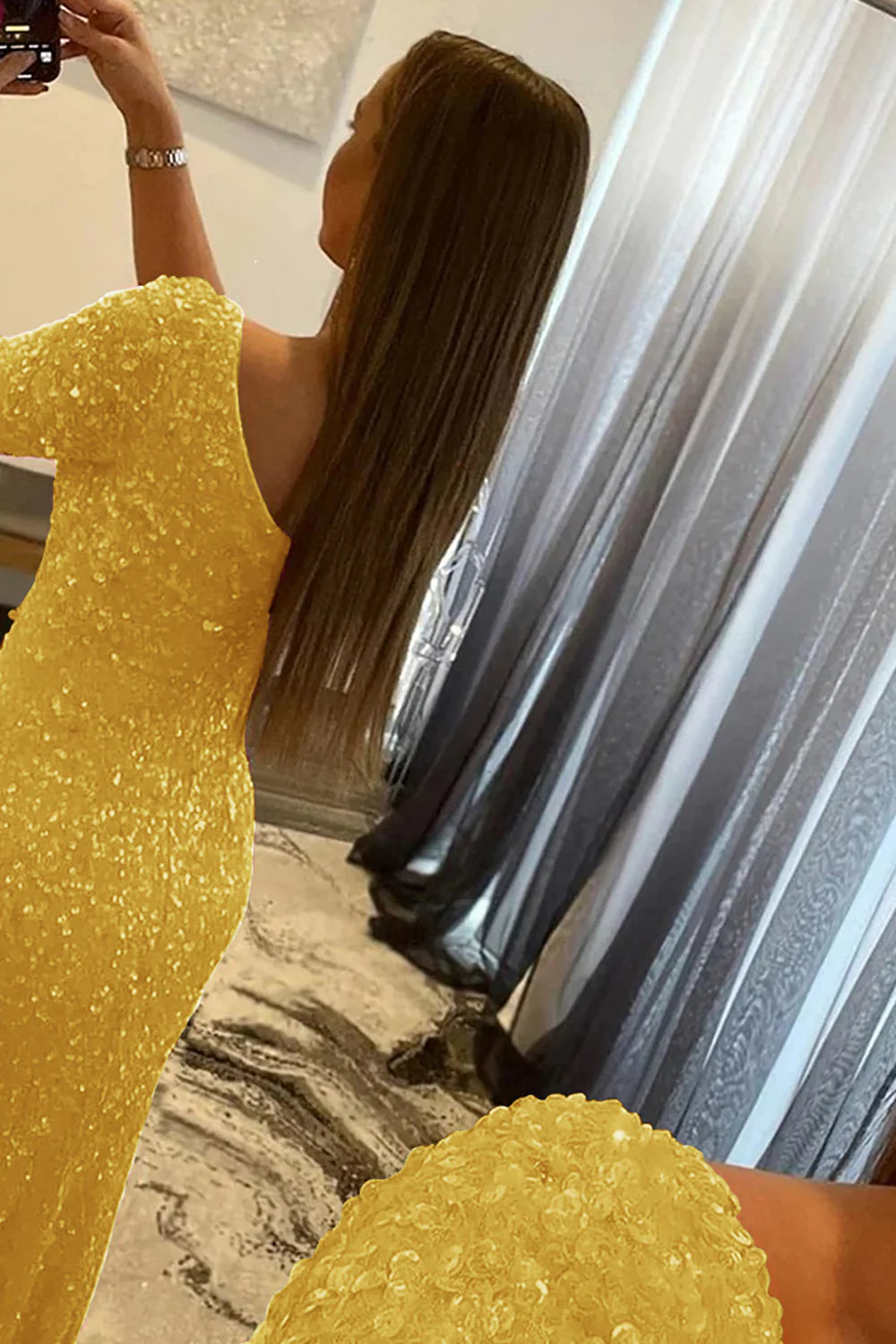 Vestido de fiesta de sirena con lentejuelas, manga corta y un solo hombro