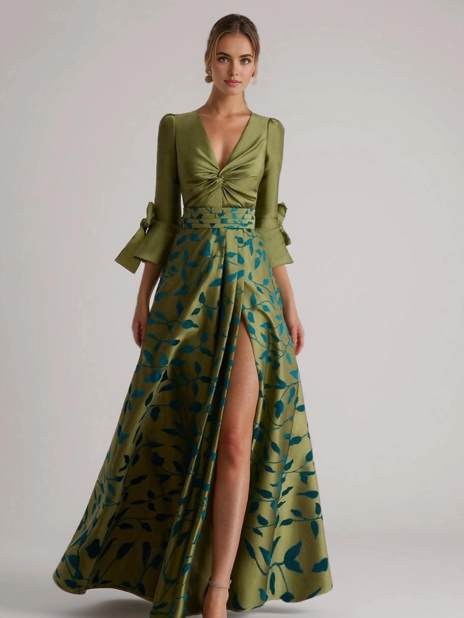 Gorgeous A-Line 3/4 Length Sleeve V Neck Satin Slit Floor-Length Mother Of The Bride Dress