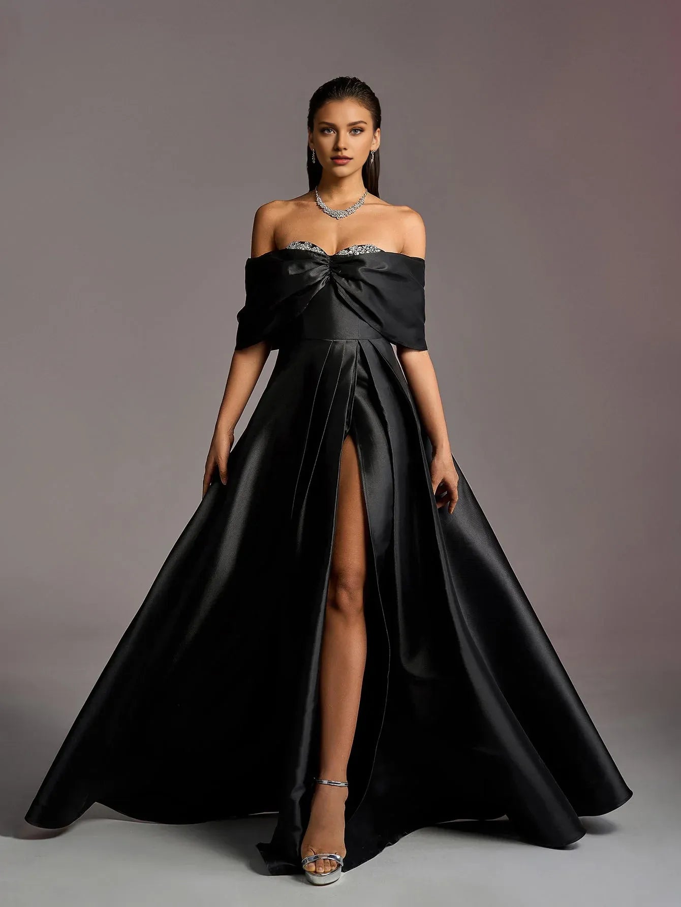 Gorgeous A-Line Off Shoulder Dropped Shoulder Sleeves Lace Up Floor-Length Prom Dress