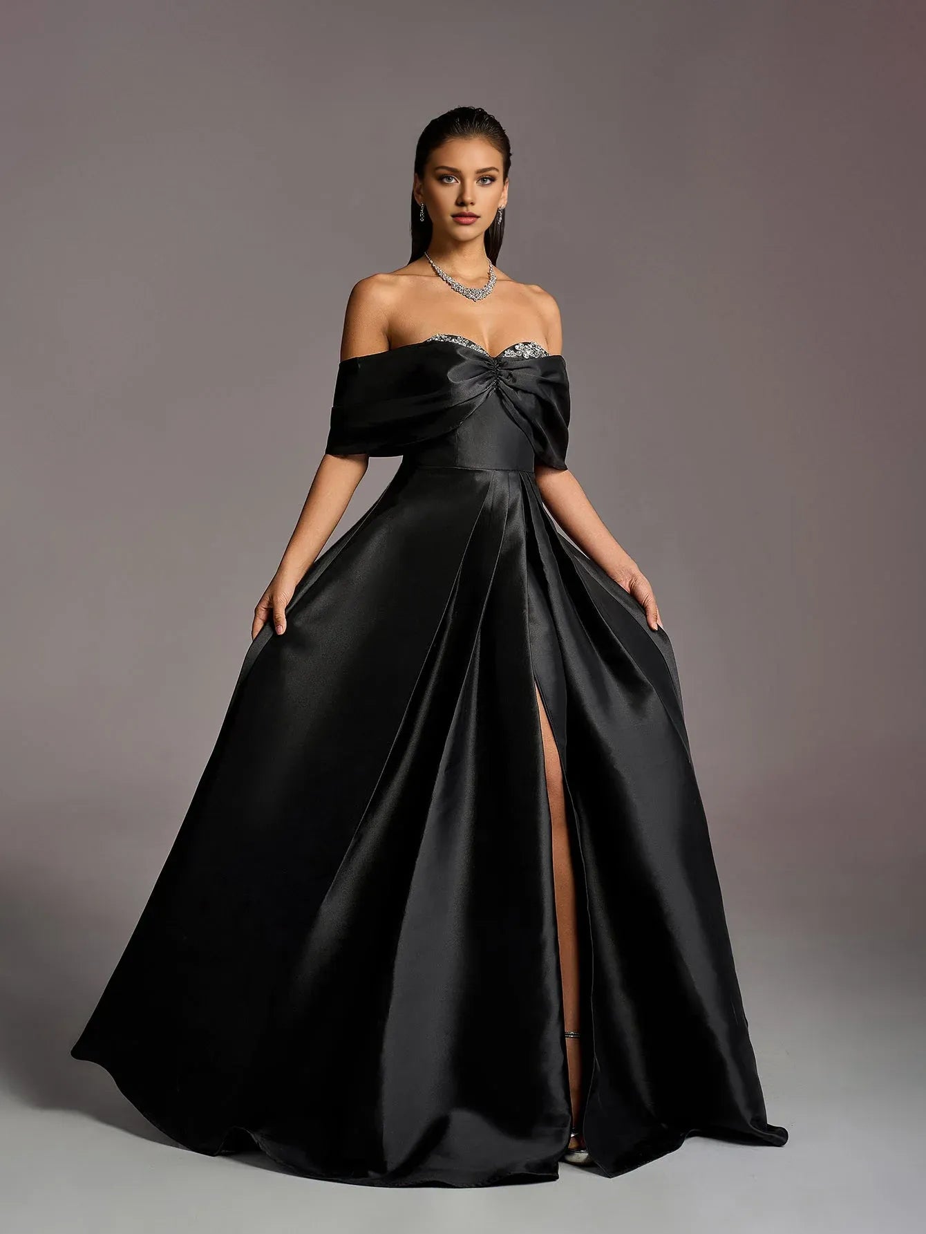 Gorgeous A-Line Off Shoulder Dropped Shoulder Sleeves Lace Up Floor-Length Prom Dress