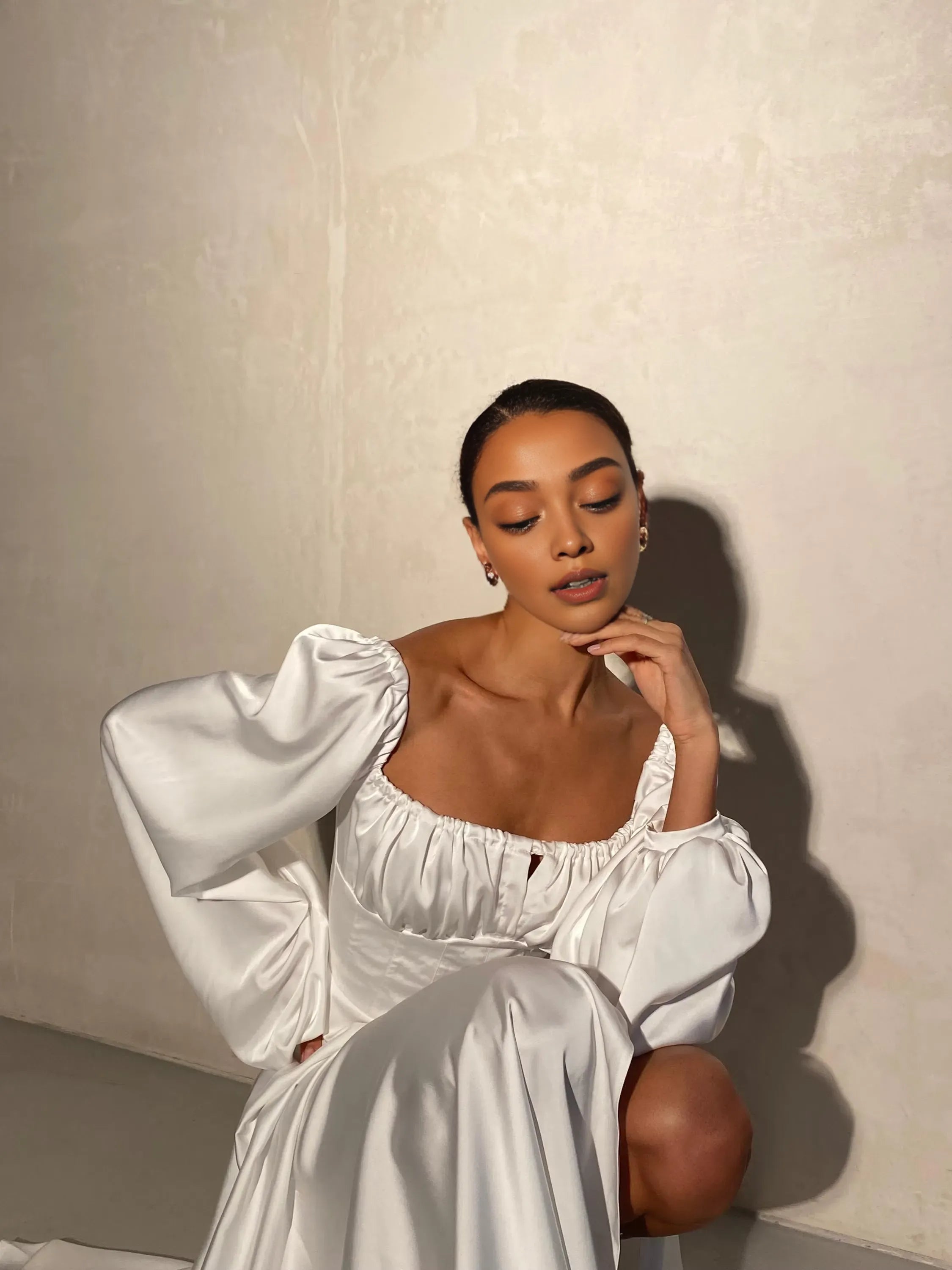 Gorgeous A-Line Square Neck Long Sleeve Backless Satin Floor-Length Wedding Dress