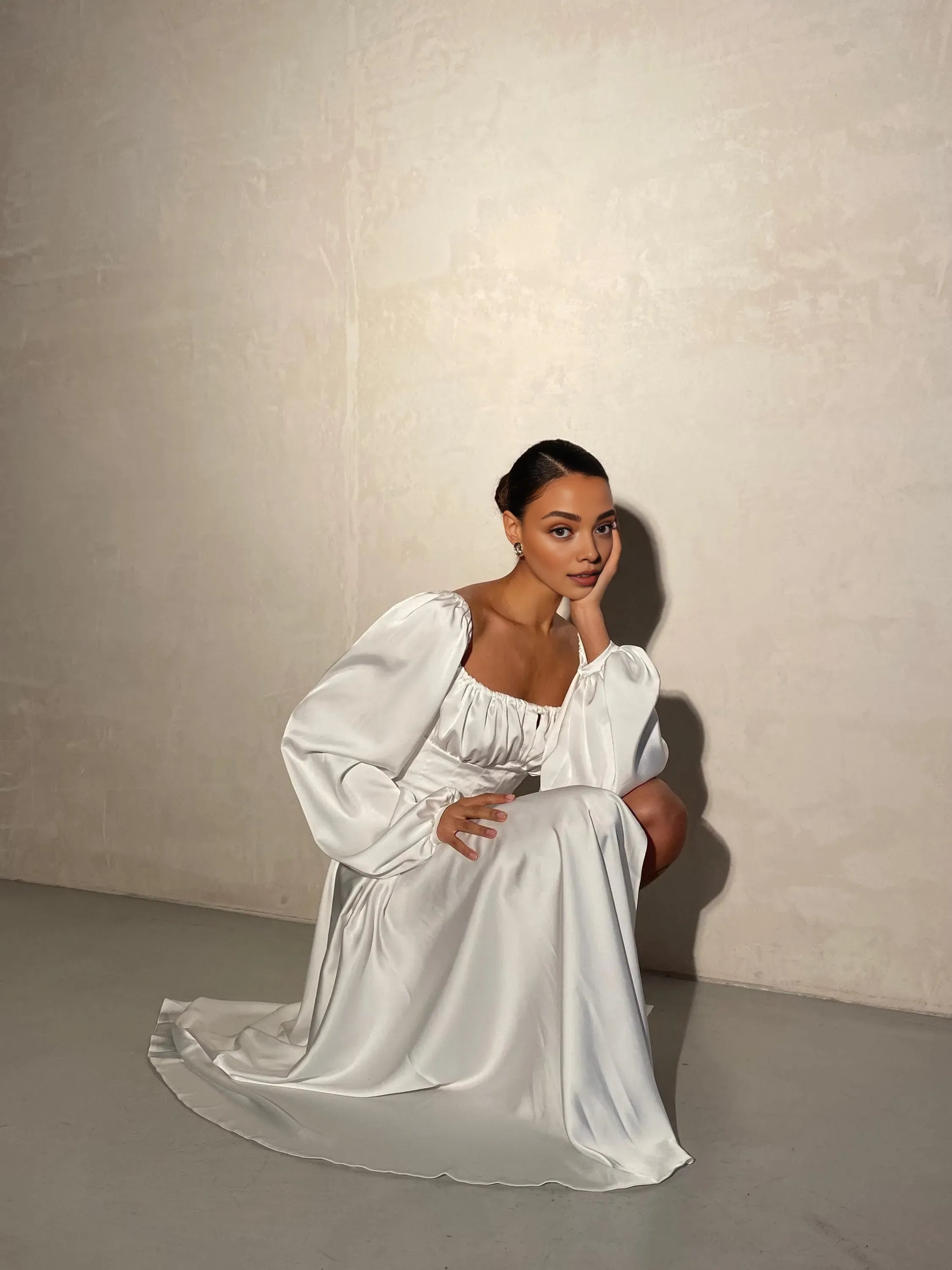 Gorgeous A-Line Square Neck Long Sleeve Backless Satin Floor-Length Wedding Dress