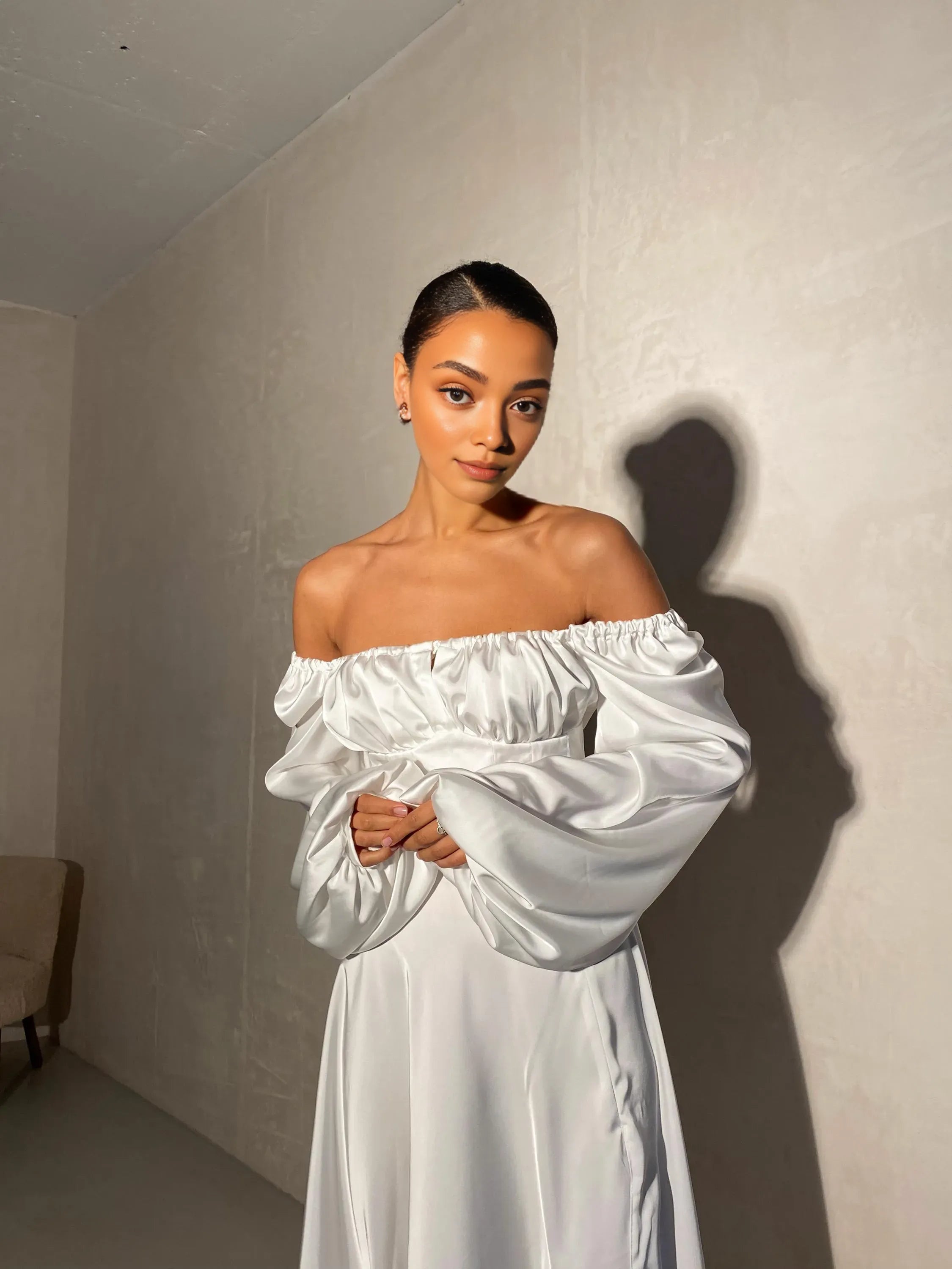 Gorgeous A-Line Square Neck Long Sleeve Backless Satin Floor-Length Wedding Dress