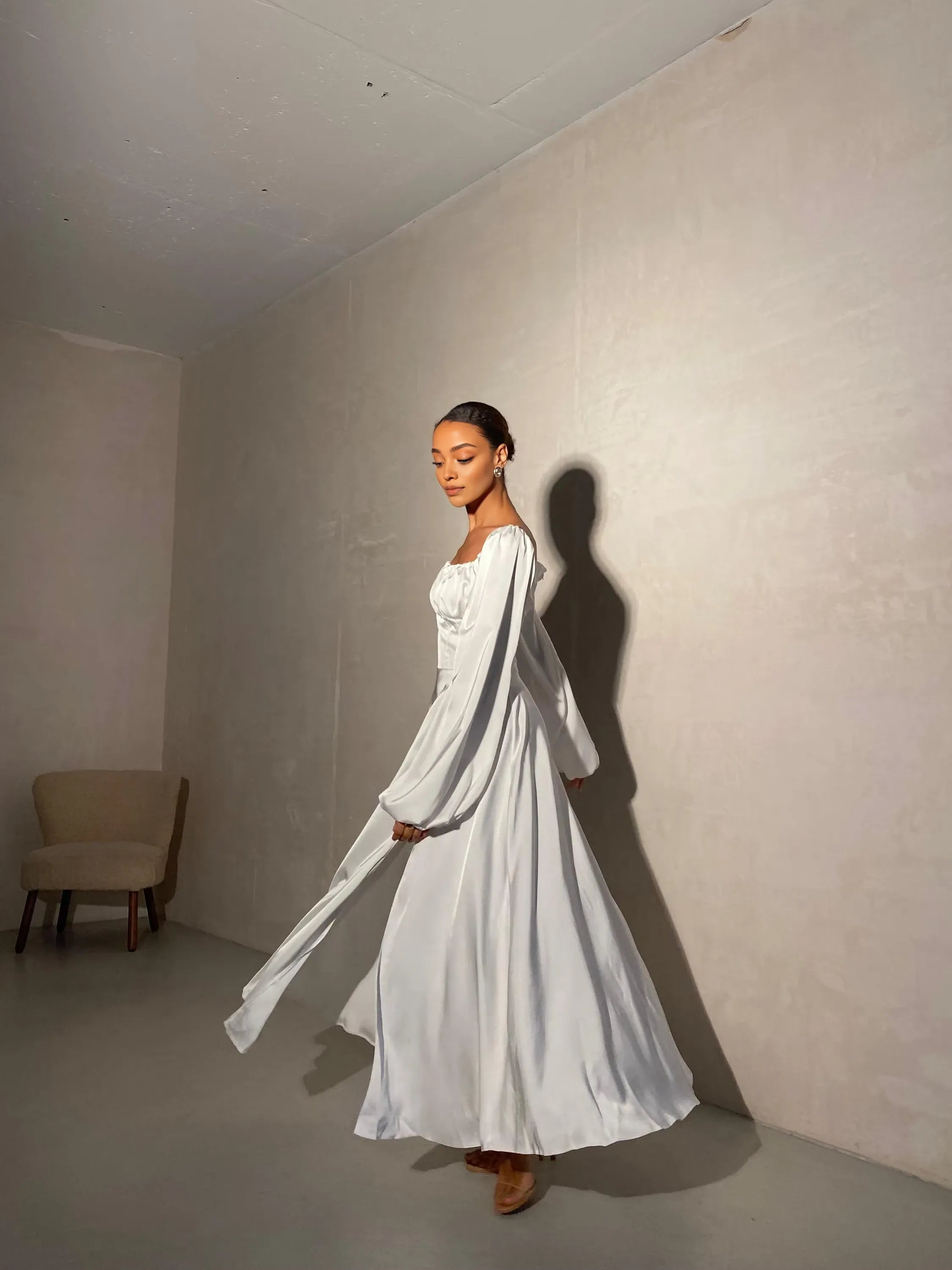 Gorgeous A-Line Square Neck Long Sleeve Backless Satin Floor-Length Wedding Dress