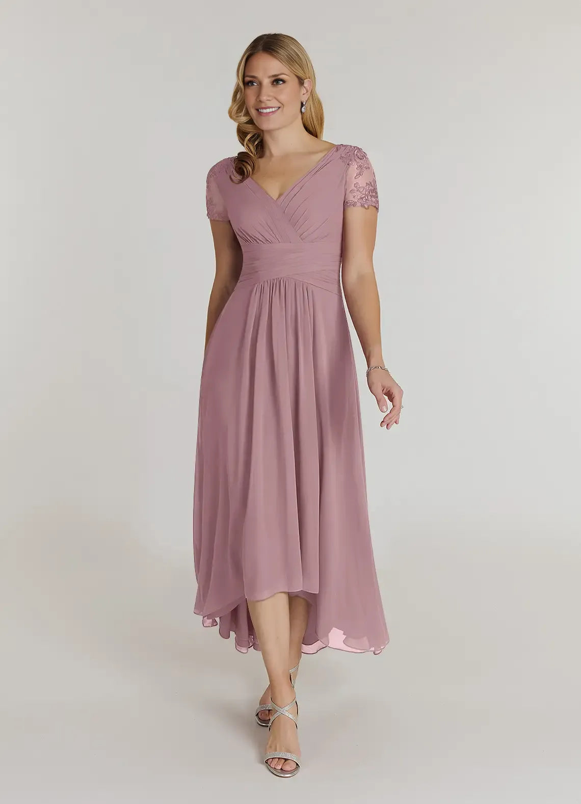 Gorgeous A-Line V-Neck Short Sleeves Back Zip Asymmetrical-Length Mother of the Bride Dress