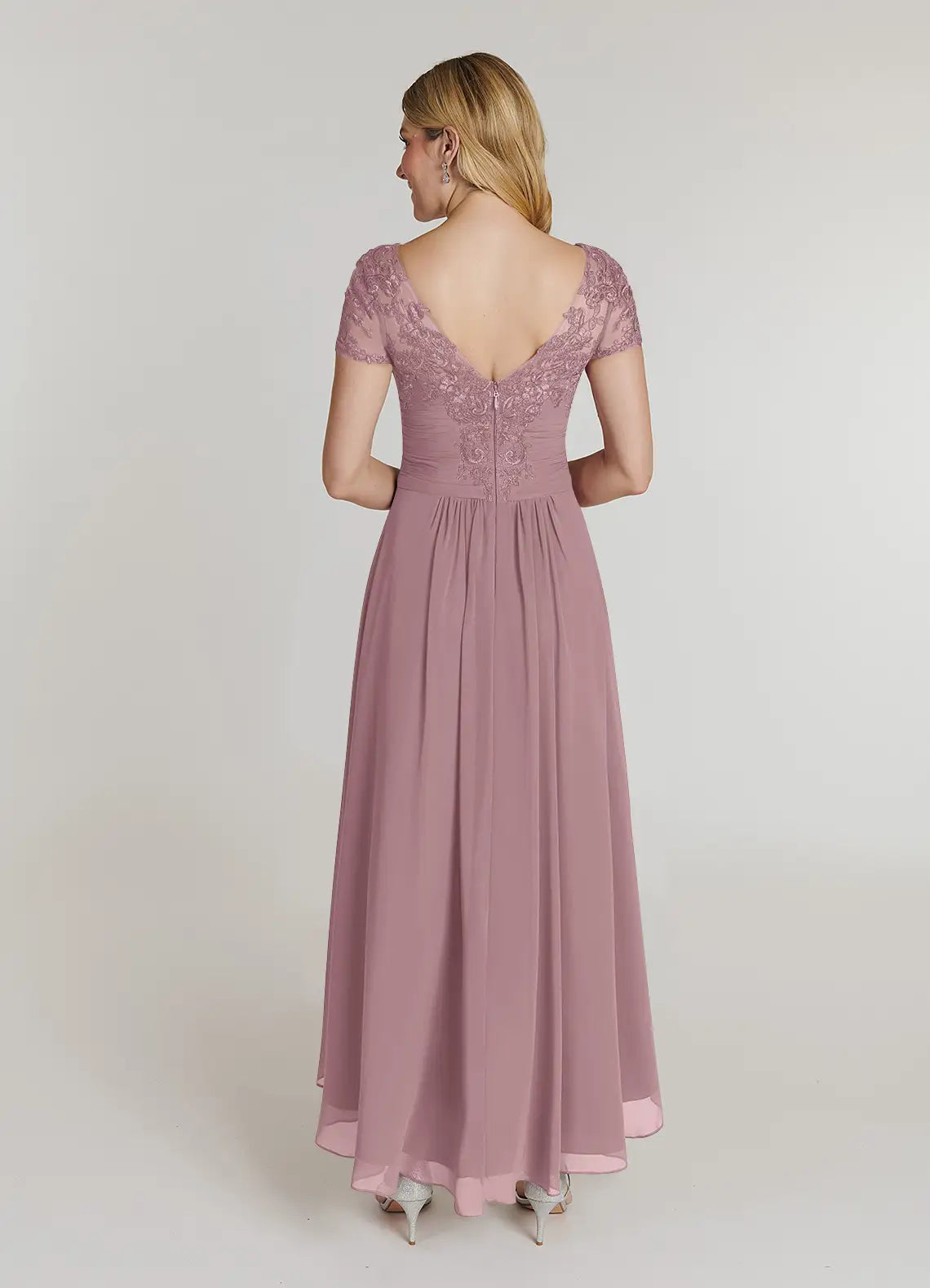 Gorgeous A-Line V-Neck Short Sleeves Back Zip Asymmetrical-Length Mother of the Bride Dress