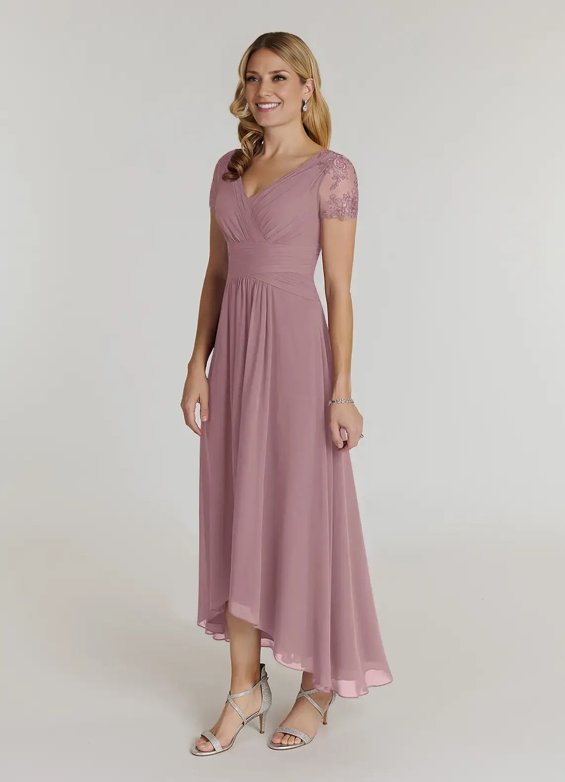 Gorgeous A-Line V-Neck Short Sleeves Back Zip Asymmetrical-Length Mother of the Bride Dress