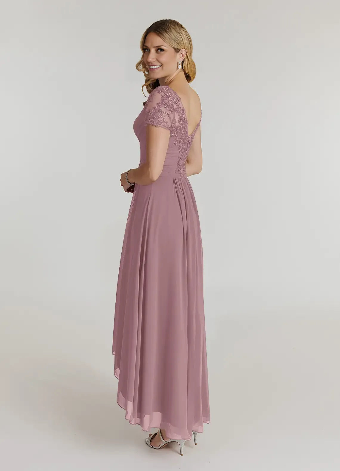 Gorgeous A-Line V-Neck Short Sleeves Back Zip Asymmetrical-Length Mother of the Bride Dress