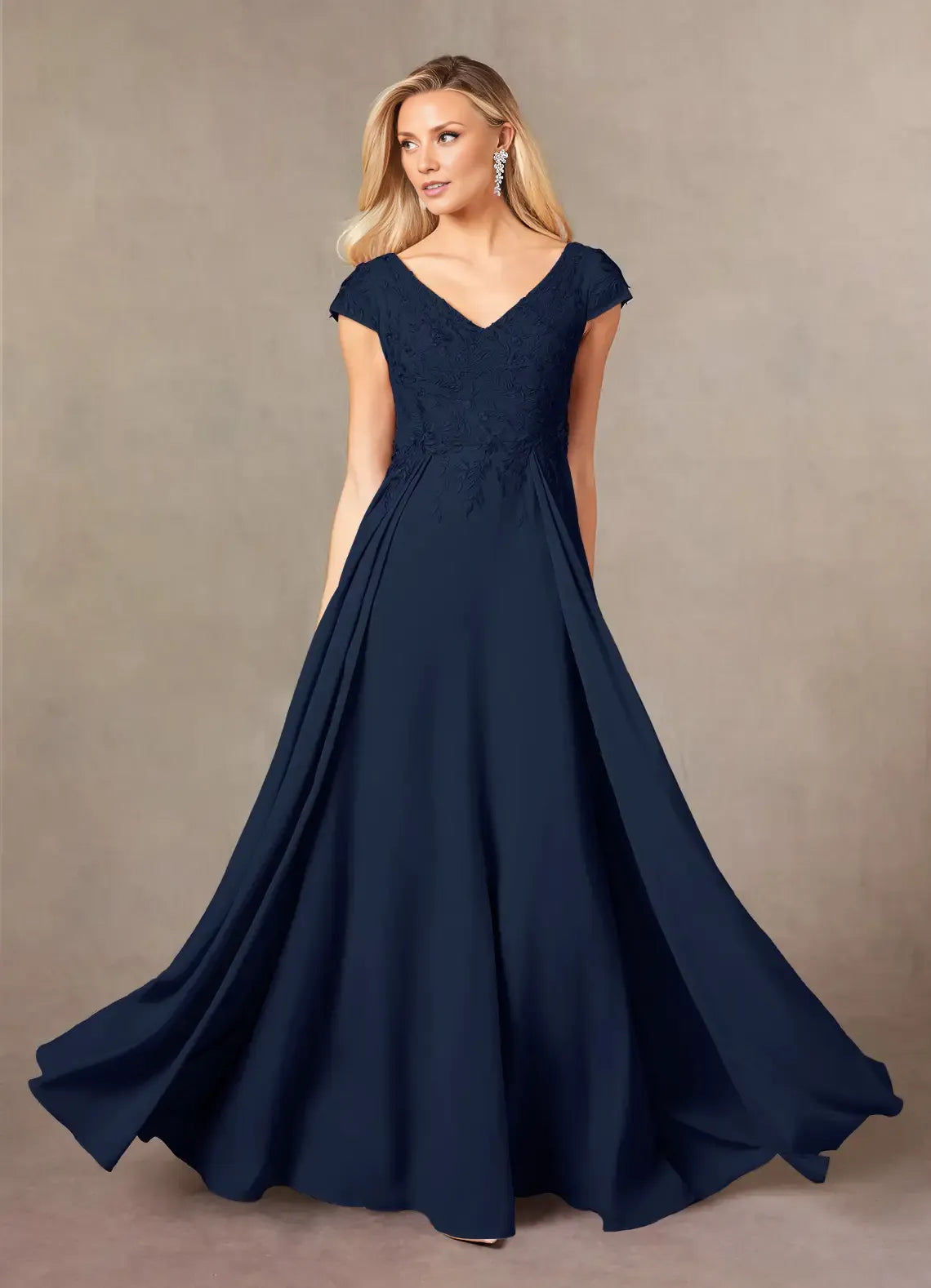 Gorgeous A-Line V Neck Cap Sleeve Back Zip Floor-Length Mother of the Bride Dress