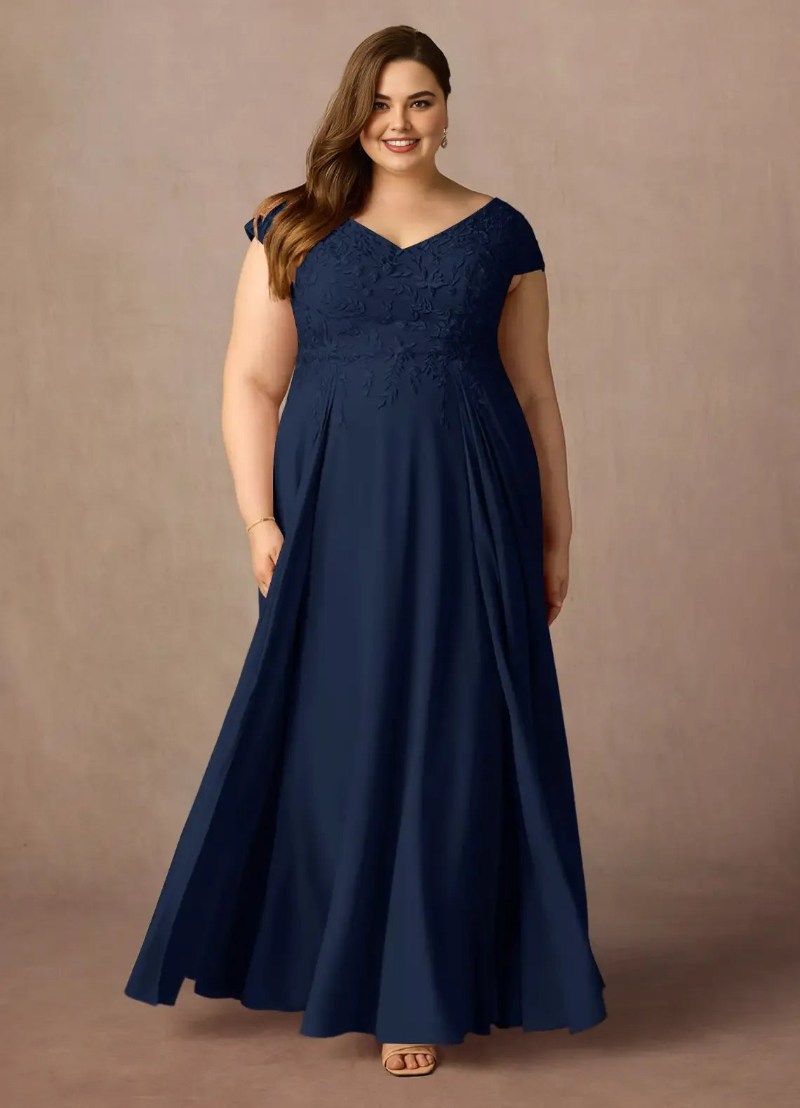 Gorgeous A-Line V Neck Cap Sleeve Back Zip Floor-Length Plus Size Mother of the Bride Dress