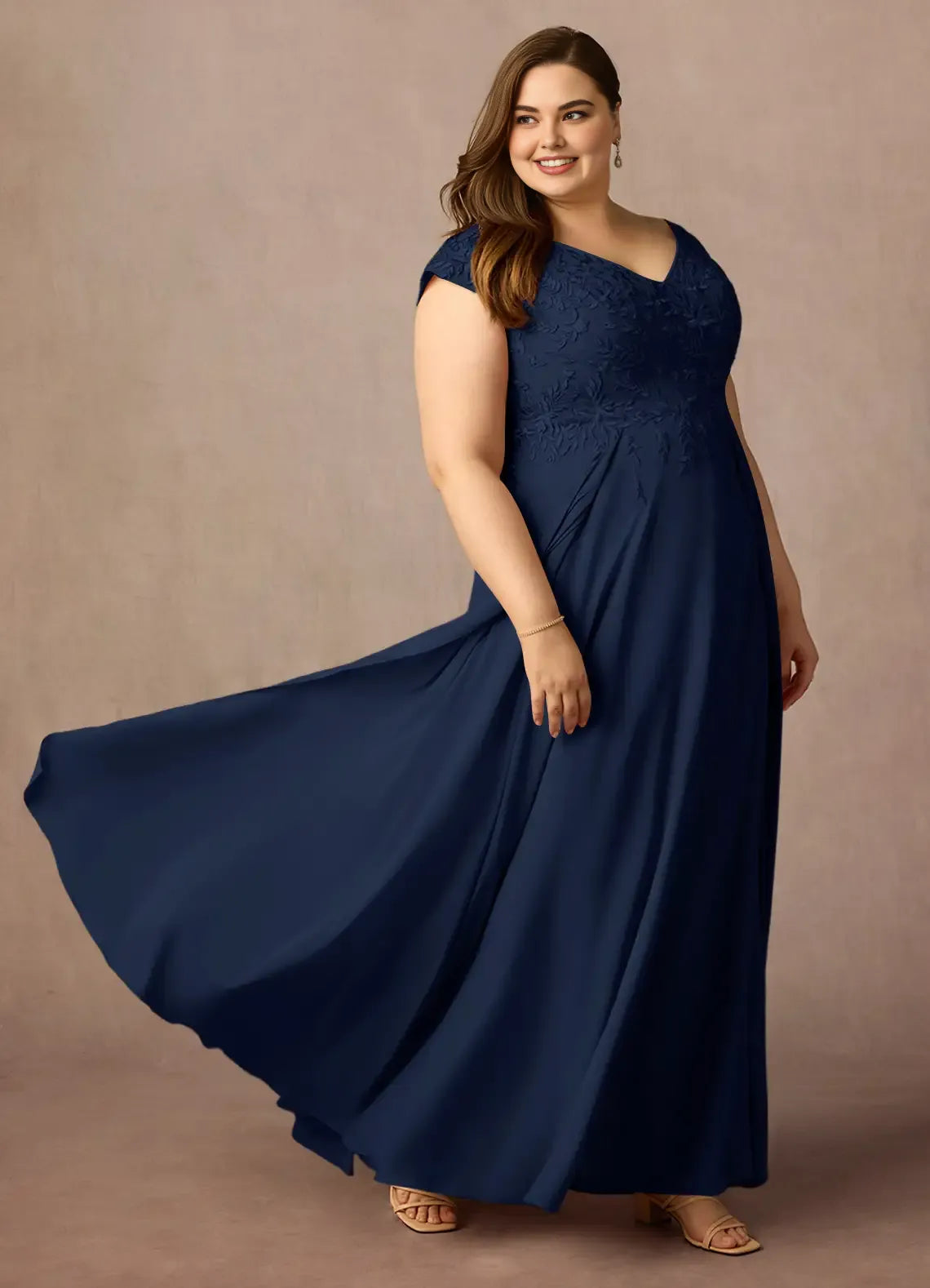 Gorgeous A-Line V Neck Cap Sleeve Back Zip Floor-Length Plus Size Mother of the Bride Dress