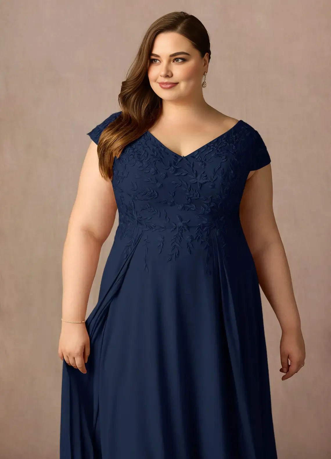 Gorgeous A-Line V Neck Cap Sleeve Back Zip Floor-Length Plus Size Mother of the Bride Dress