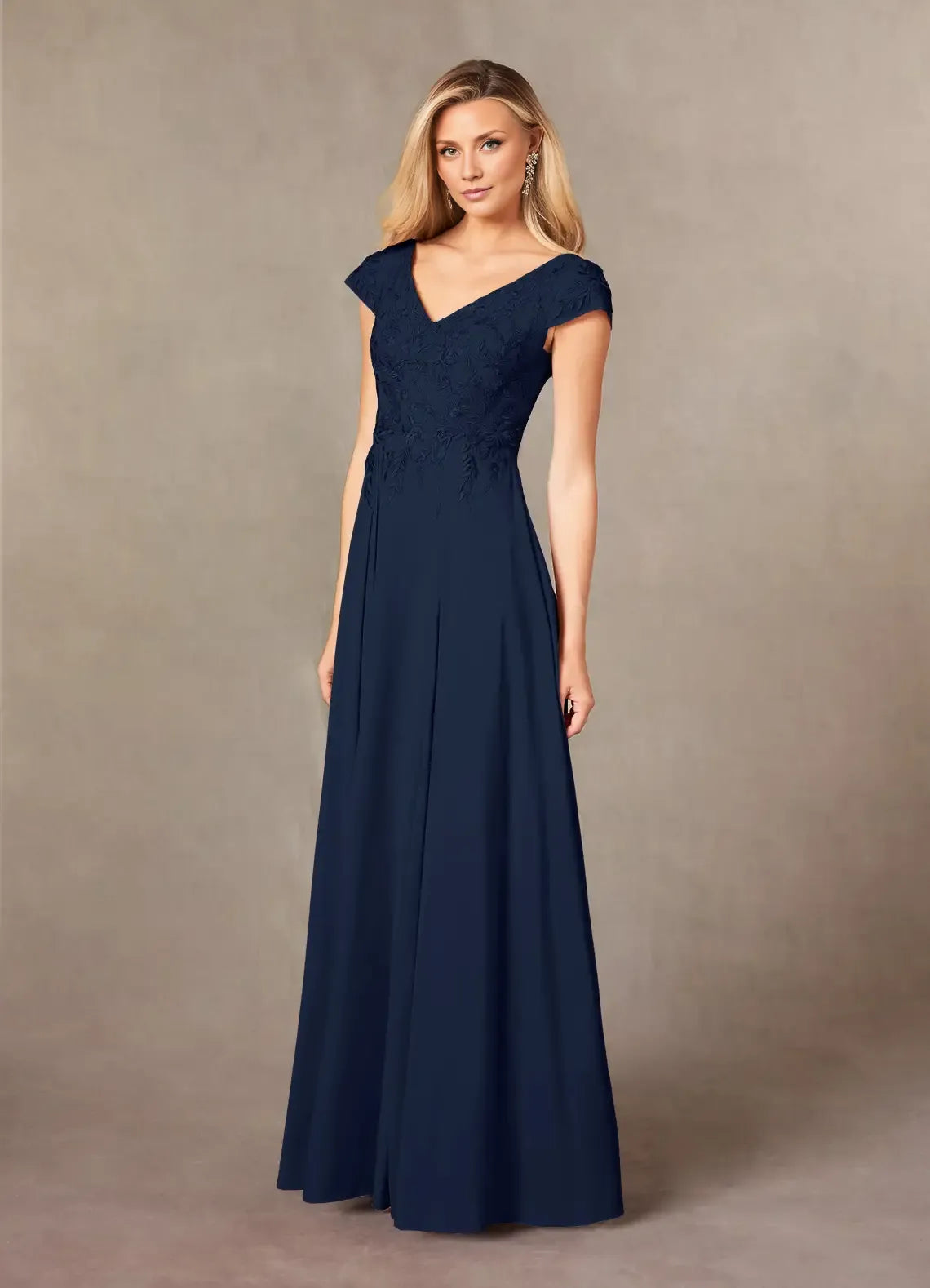 Gorgeous A-Line V Neck Cap Sleeve Back Zip Floor-Length Mother of the Bride Dress