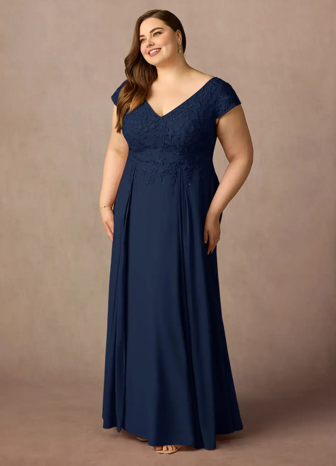 Gorgeous A-Line V Neck Cap Sleeve Back Zip Floor-Length Plus Size Mother of the Bride Dress