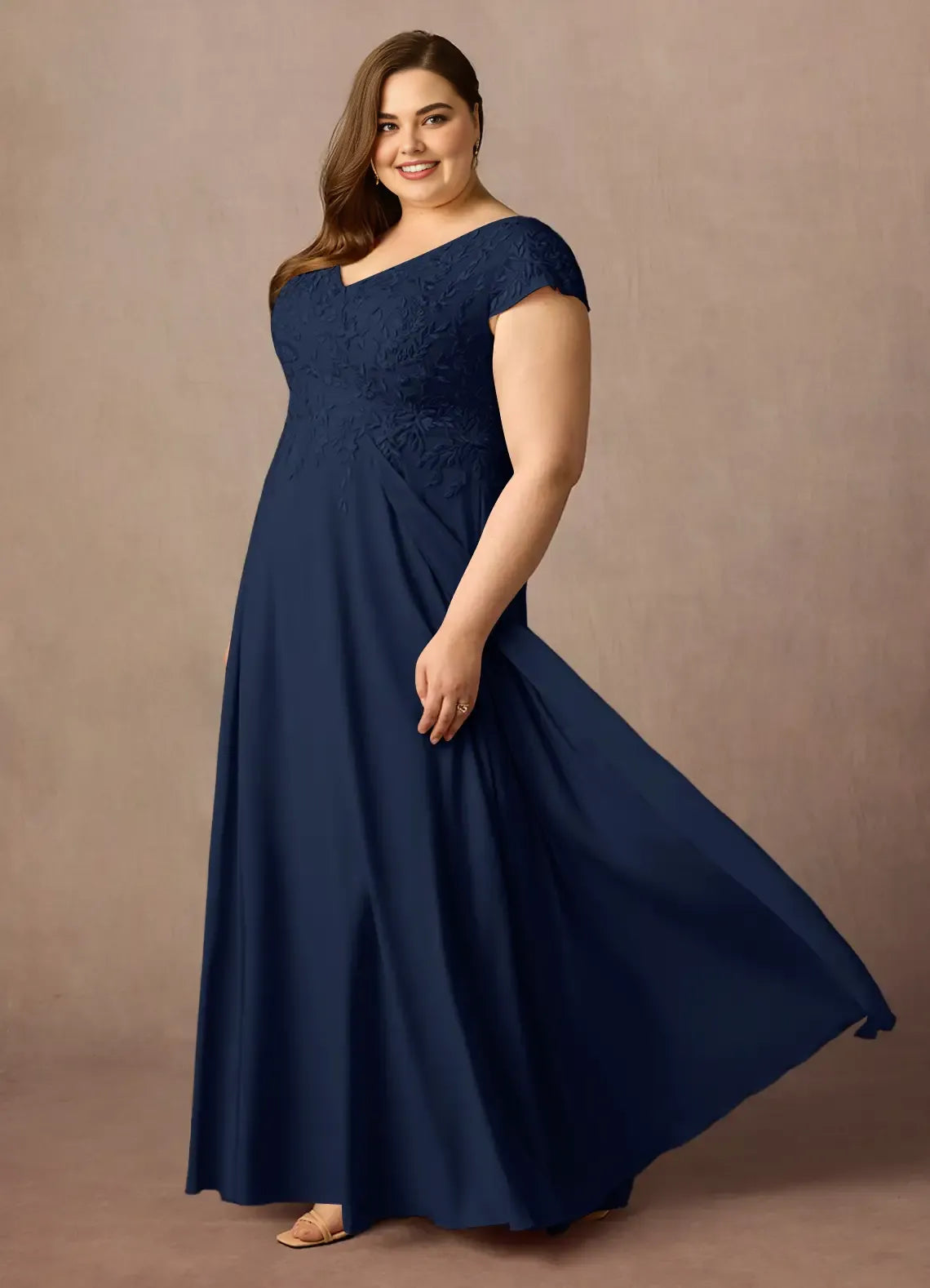 Gorgeous A-Line V Neck Cap Sleeve Back Zip Floor-Length Plus Size Mother of the Bride Dress