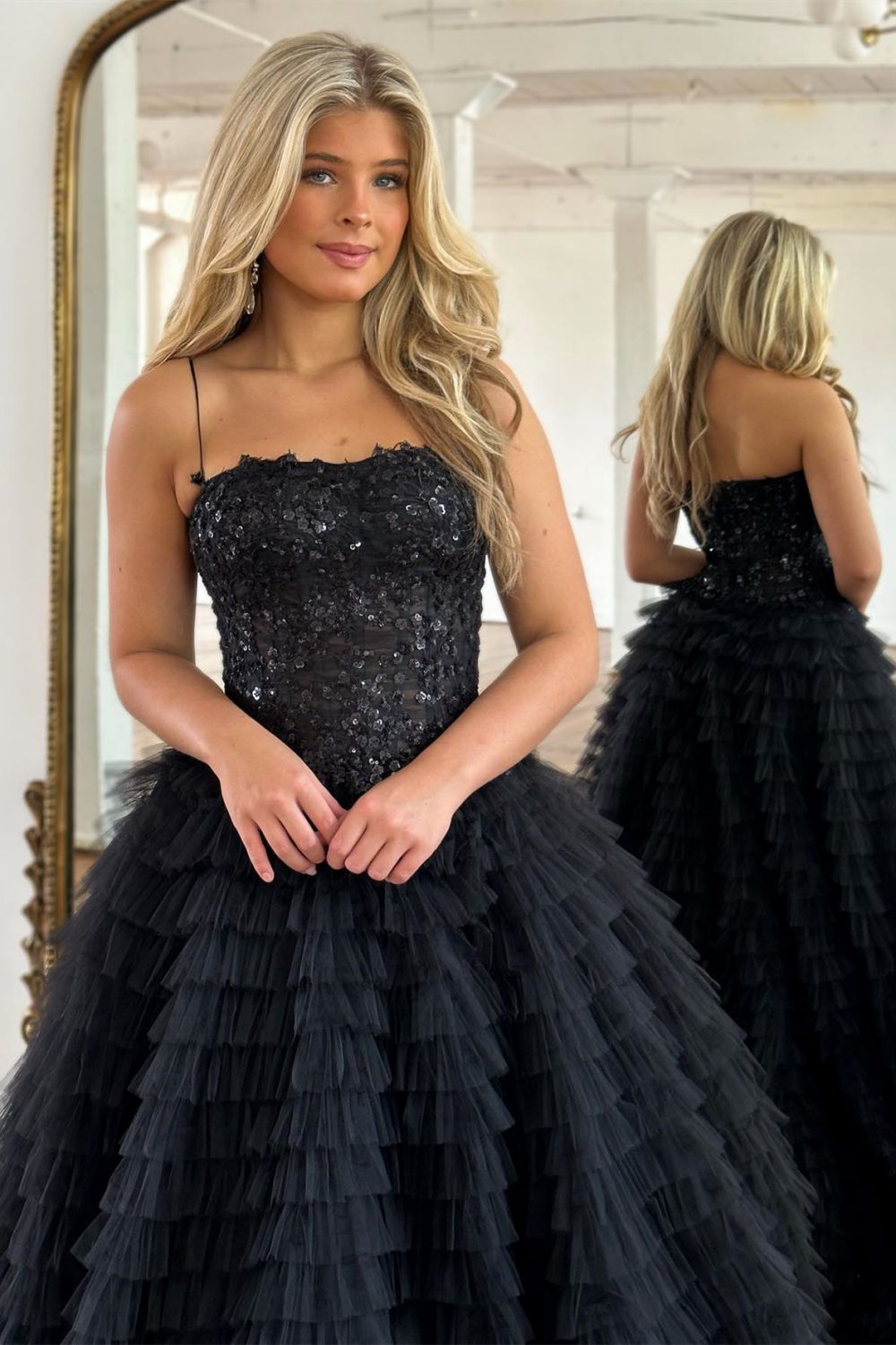 Weitese Stunning Glitter A-Line Spaghetti Straps Court Train Tulle Prom Dress With Split