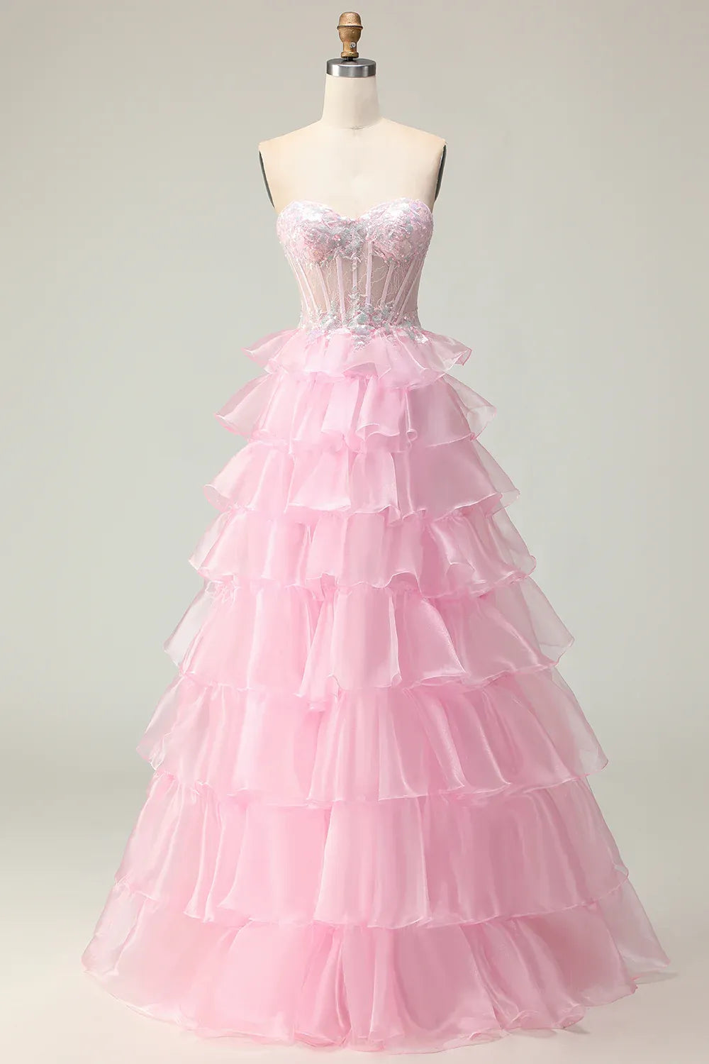 Gorgeous A Line Corset Sleeveless Tulle Tiered Floor-Length Prom Dress