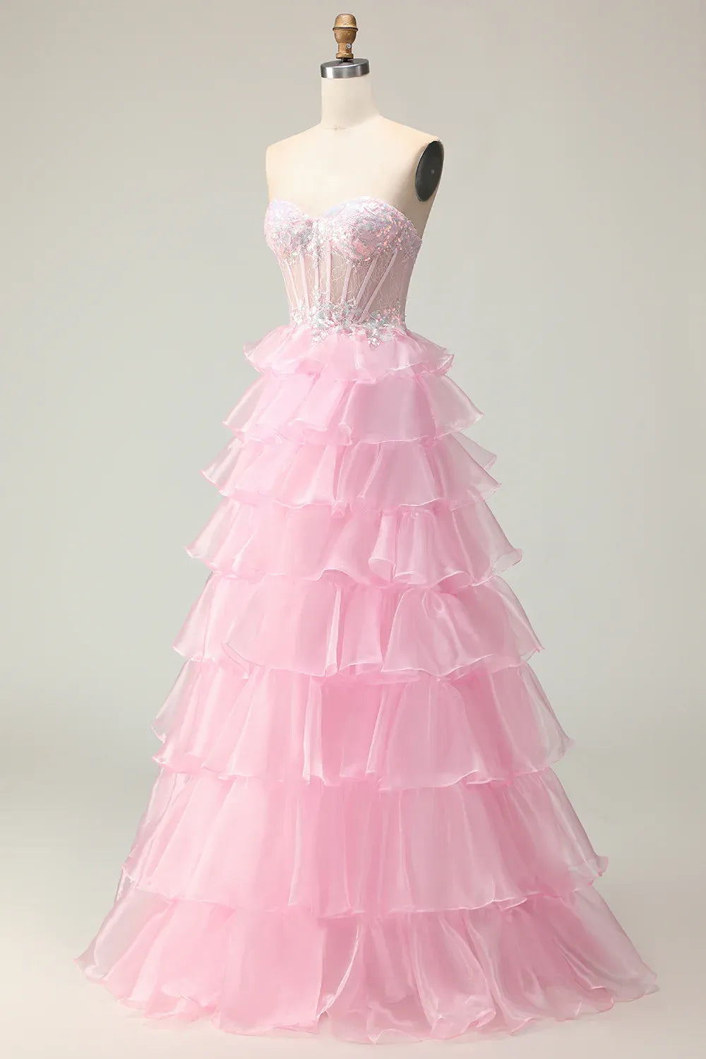 Gorgeous A Line Corset Sleeveless Tulle Tiered Floor-Length Prom Dress