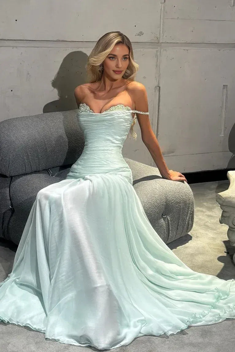 Gorgeous A Line Off the Shoulder Sleeveless Pleated Floor-Length Prom Dress