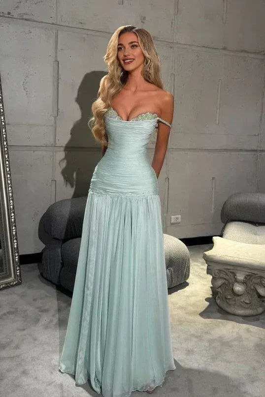 Gorgeous A Line Off the Shoulder Sleeveless Pleated Floor-Length Prom Dress