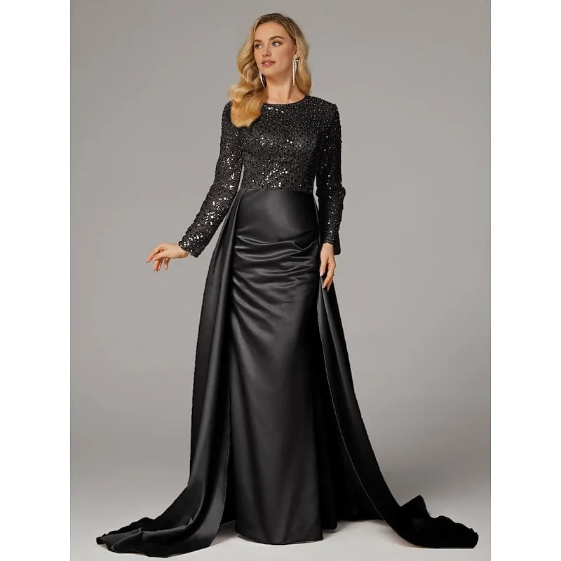 Gorgeous Mermaid Long Sleeve Illusion Neck Satin Overskirt Floor-Length Mother Of The Bride Dress