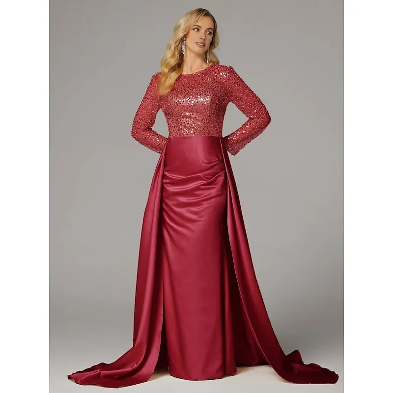 Gorgeous Mermaid Long Sleeve Illusion Neck Satin Overskirt Floor-Length Mother Of The Bride Dress