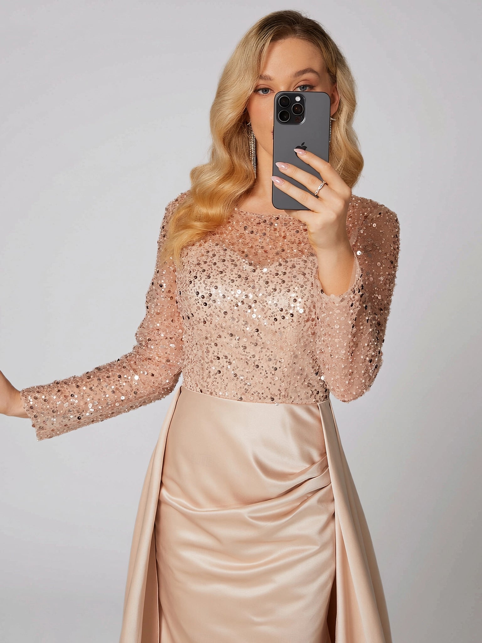 Gorgeous Mermaid Long Sleeve Illusion Neck Satin Overskirt Floor-Length Mother Of The Bride Dress