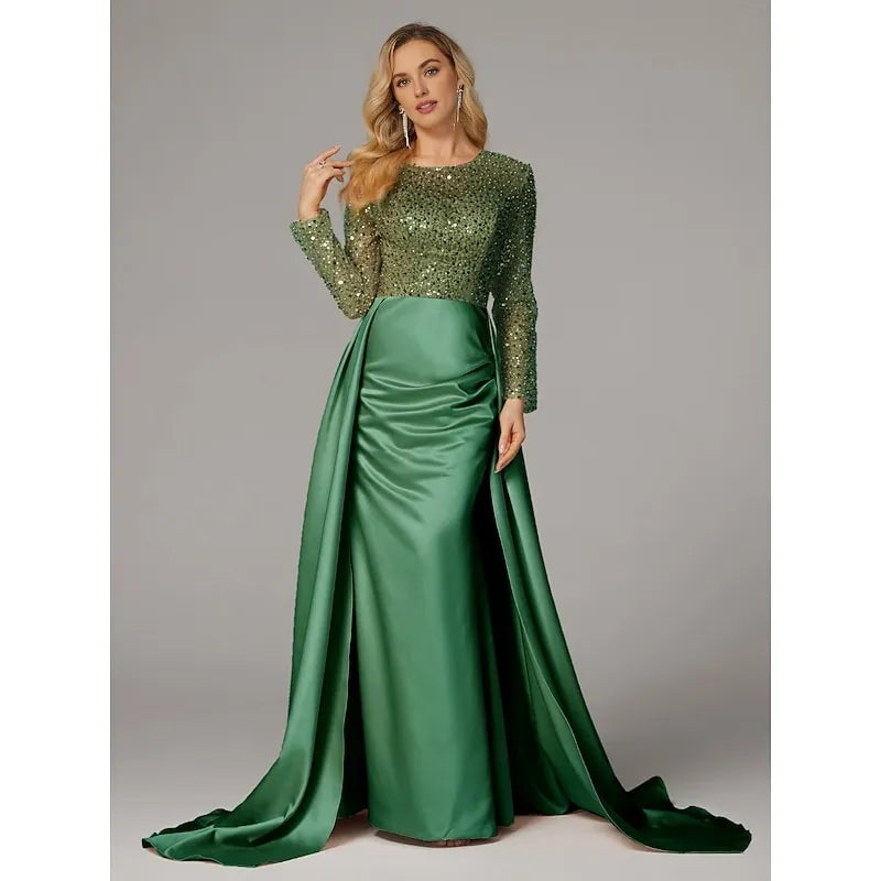 Gorgeous Mermaid Long Sleeve Illusion Neck Satin Overskirt Floor-Length Mother Of The Bride Dress