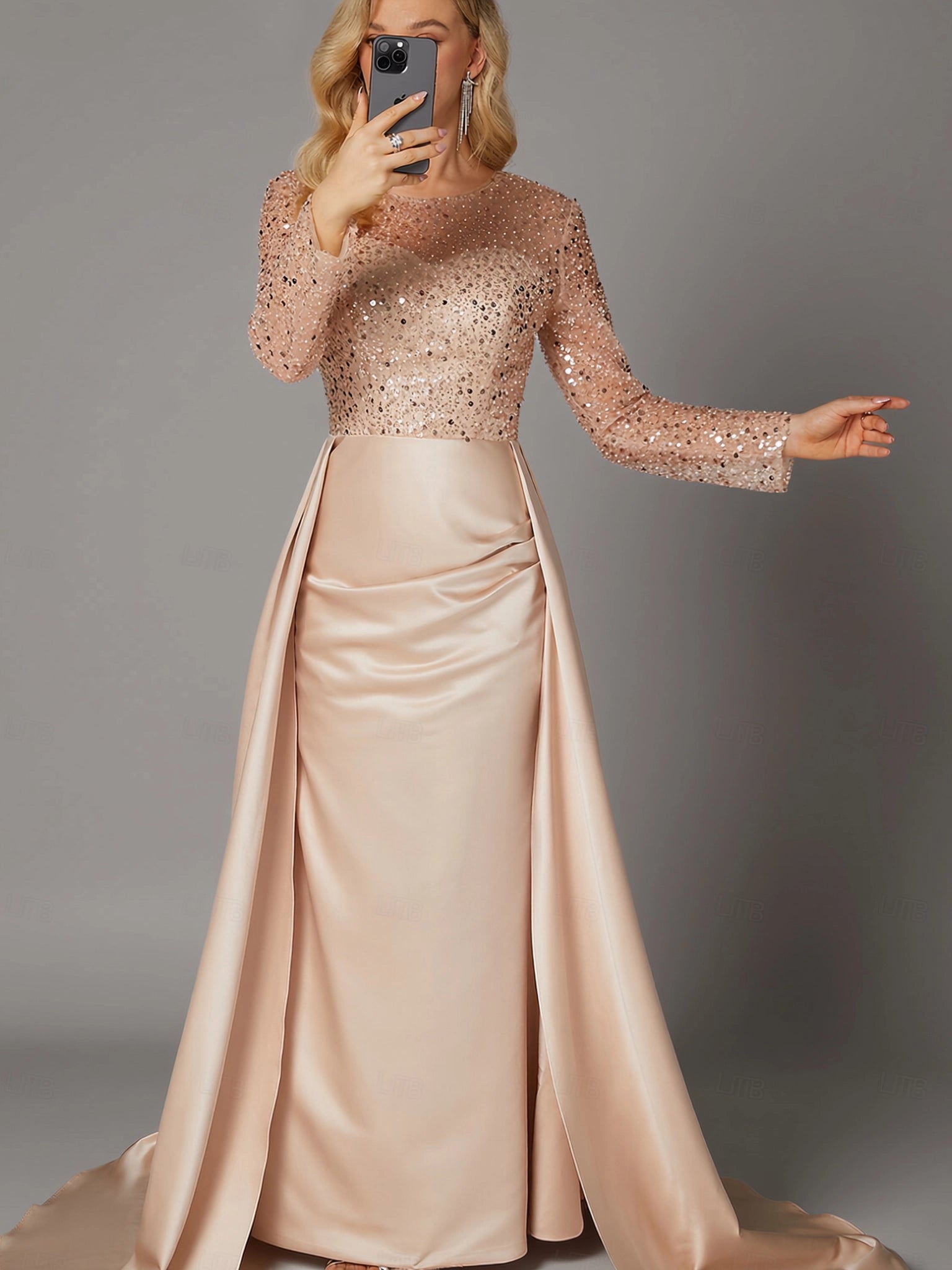 Gorgeous Mermaid Long Sleeve Illusion Neck Satin Overskirt Floor-Length Mother Of The Bride Dress