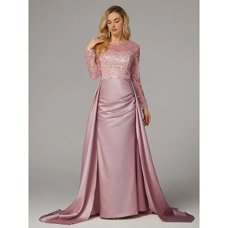 Gorgeous Mermaid Long Sleeve Illusion Neck Satin Overskirt Floor-Length Mother Of The Bride Dress
