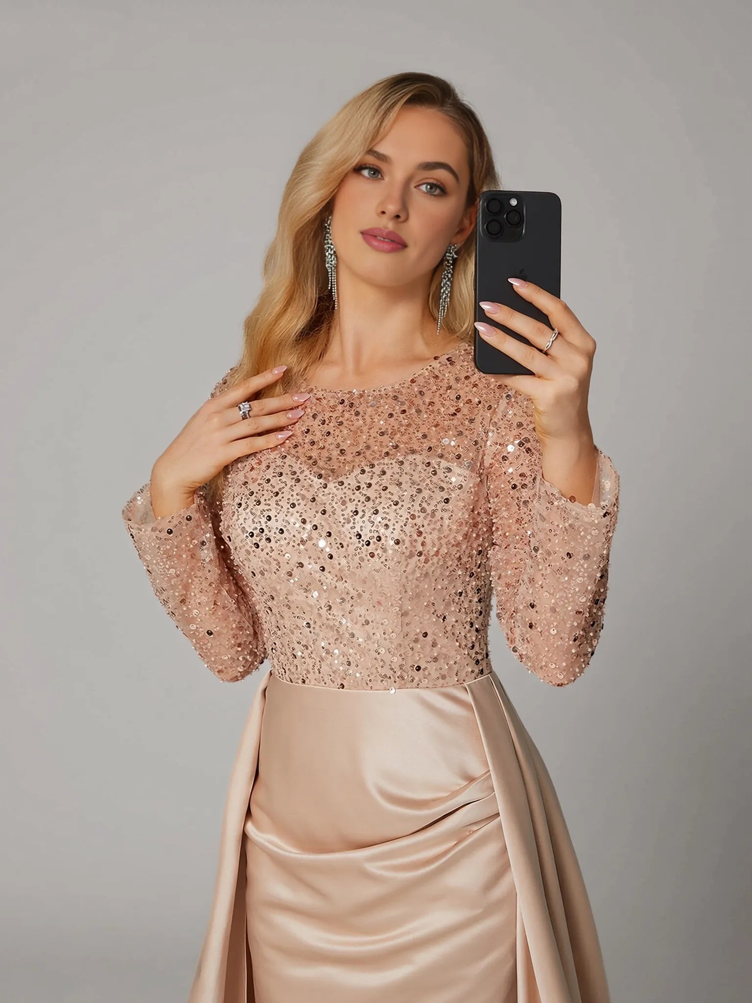 Gorgeous Mermaid Long Sleeve Illusion Neck Satin Overskirt Floor-Length Mother Of The Bride Dress