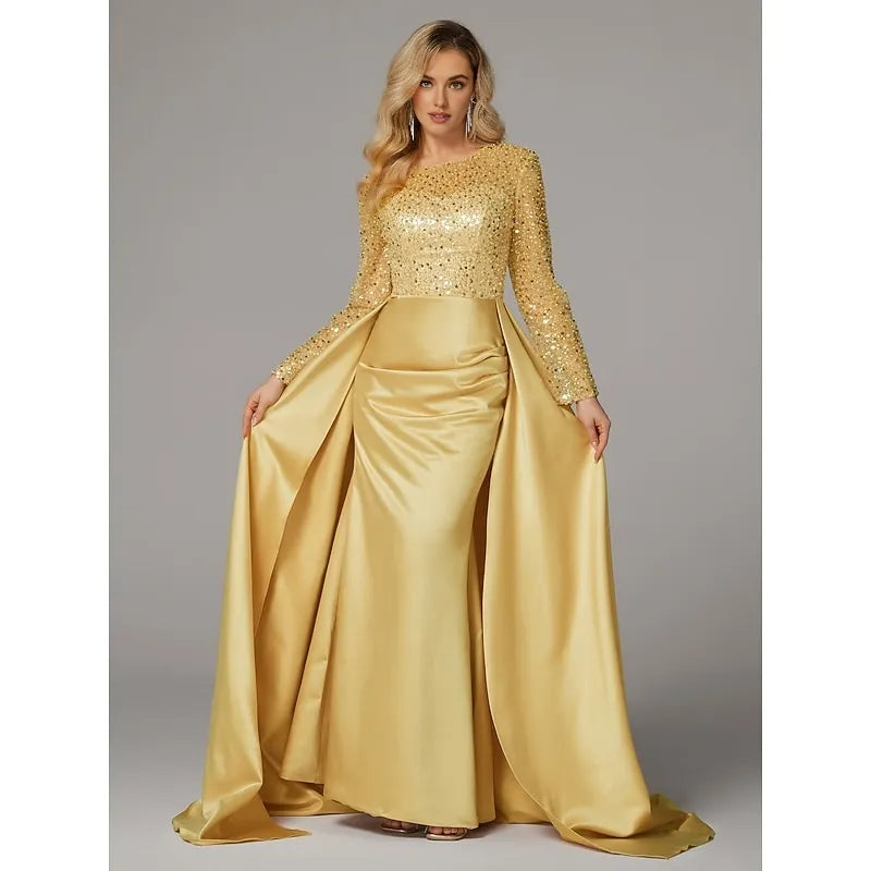 Gorgeous Mermaid Long Sleeve Illusion Neck Satin Overskirt Floor-Length Mother Of The Bride Dress
