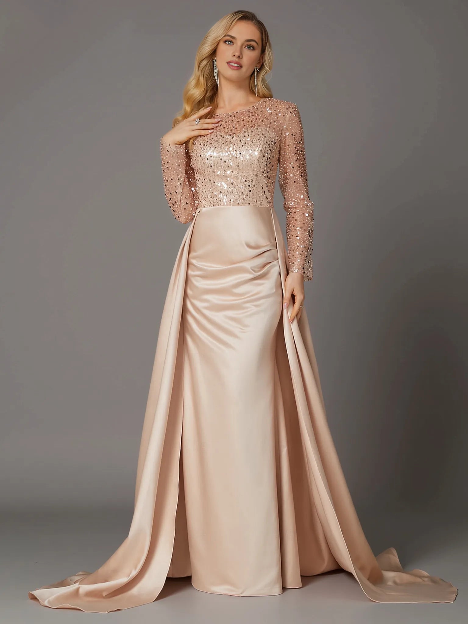 Gorgeous Mermaid Long Sleeve Illusion Neck Satin Overskirt Floor-Length Mother Of The Bride Dress