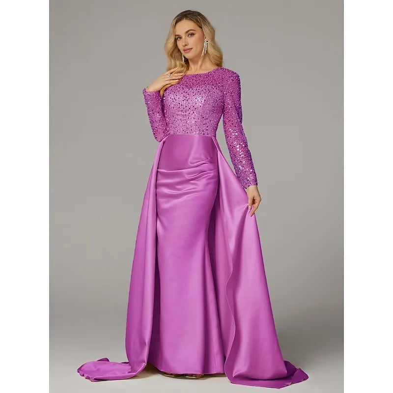 Gorgeous Mermaid Long Sleeve Illusion Neck Satin Overskirt Floor-Length Mother Of The Bride Dress