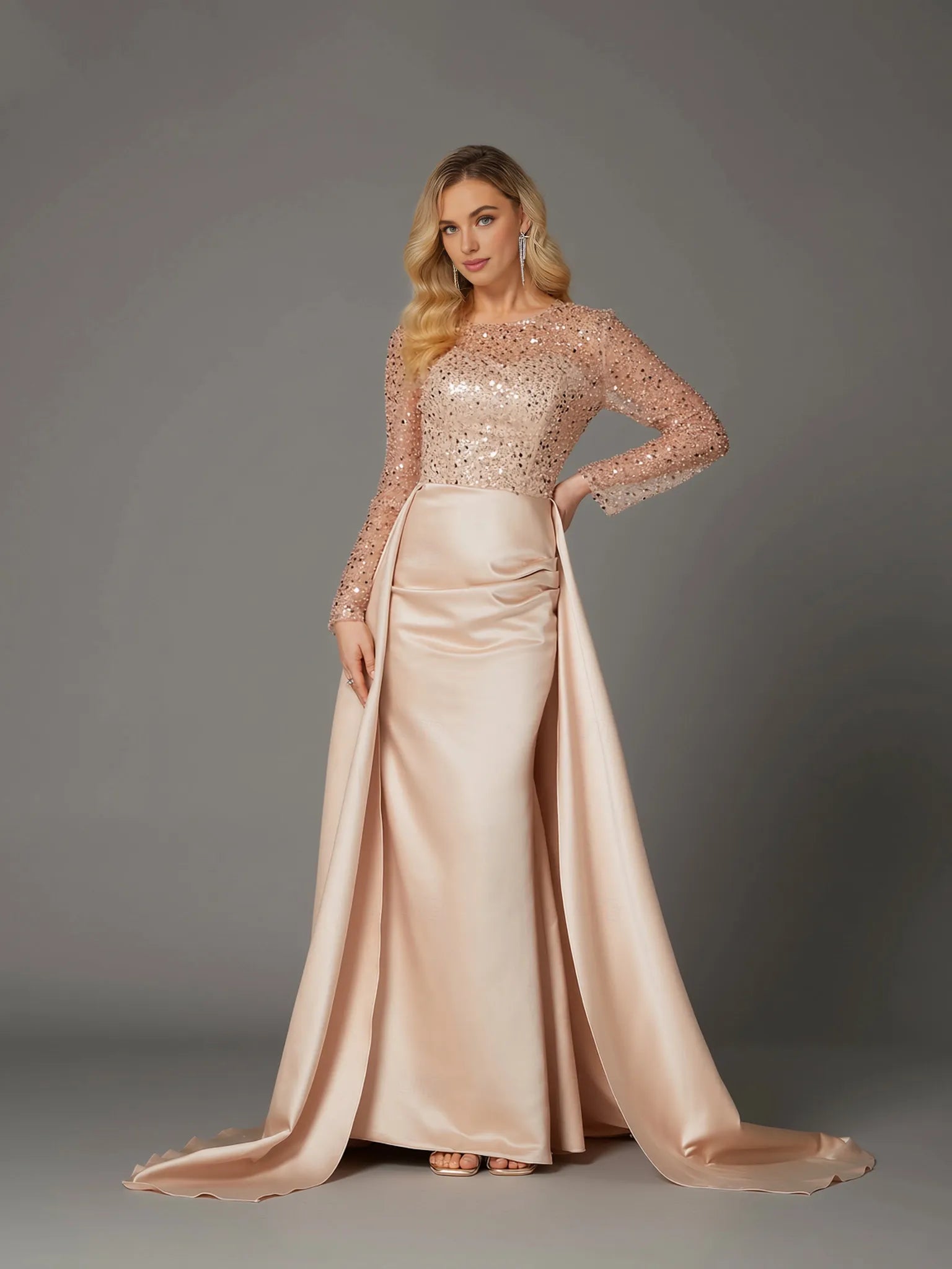 Gorgeous Mermaid Long Sleeve Illusion Neck Satin Overskirt Floor-Length Mother Of The Bride Dress