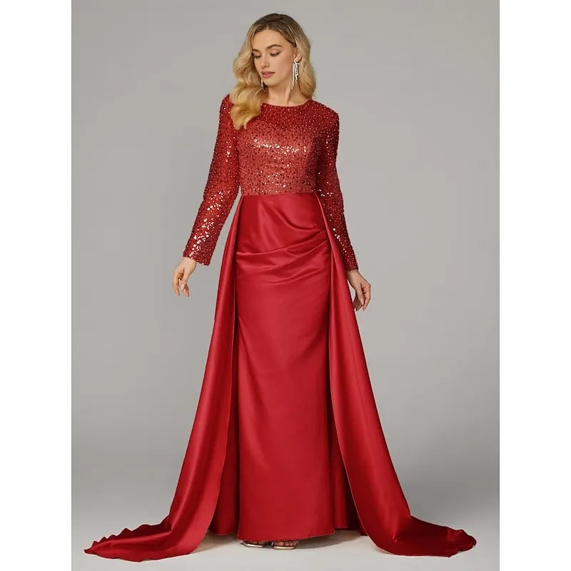 Gorgeous Mermaid Long Sleeve Illusion Neck Satin Overskirt Floor-Length Mother Of The Bride Dress