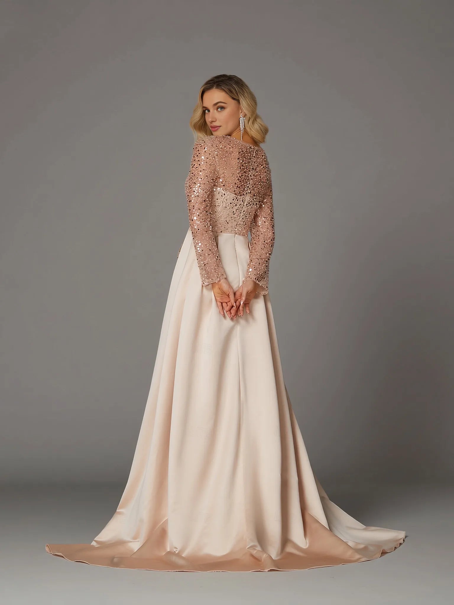Gorgeous Mermaid Long Sleeve Illusion Neck Satin Overskirt Floor-Length Mother Of The Bride Dress