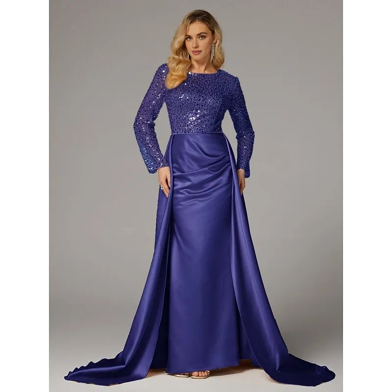 Gorgeous Mermaid Long Sleeve Illusion Neck Satin Overskirt Floor-Length Mother Of The Bride Dress