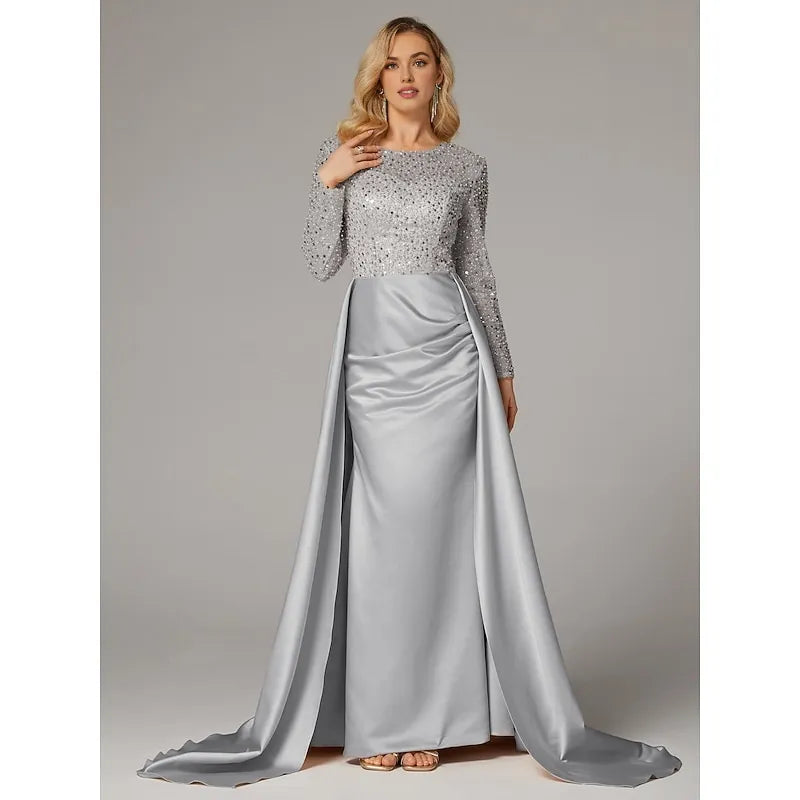 Gorgeous Mermaid Long Sleeve Illusion Neck Satin Overskirt Floor-Length Mother Of The Bride Dress