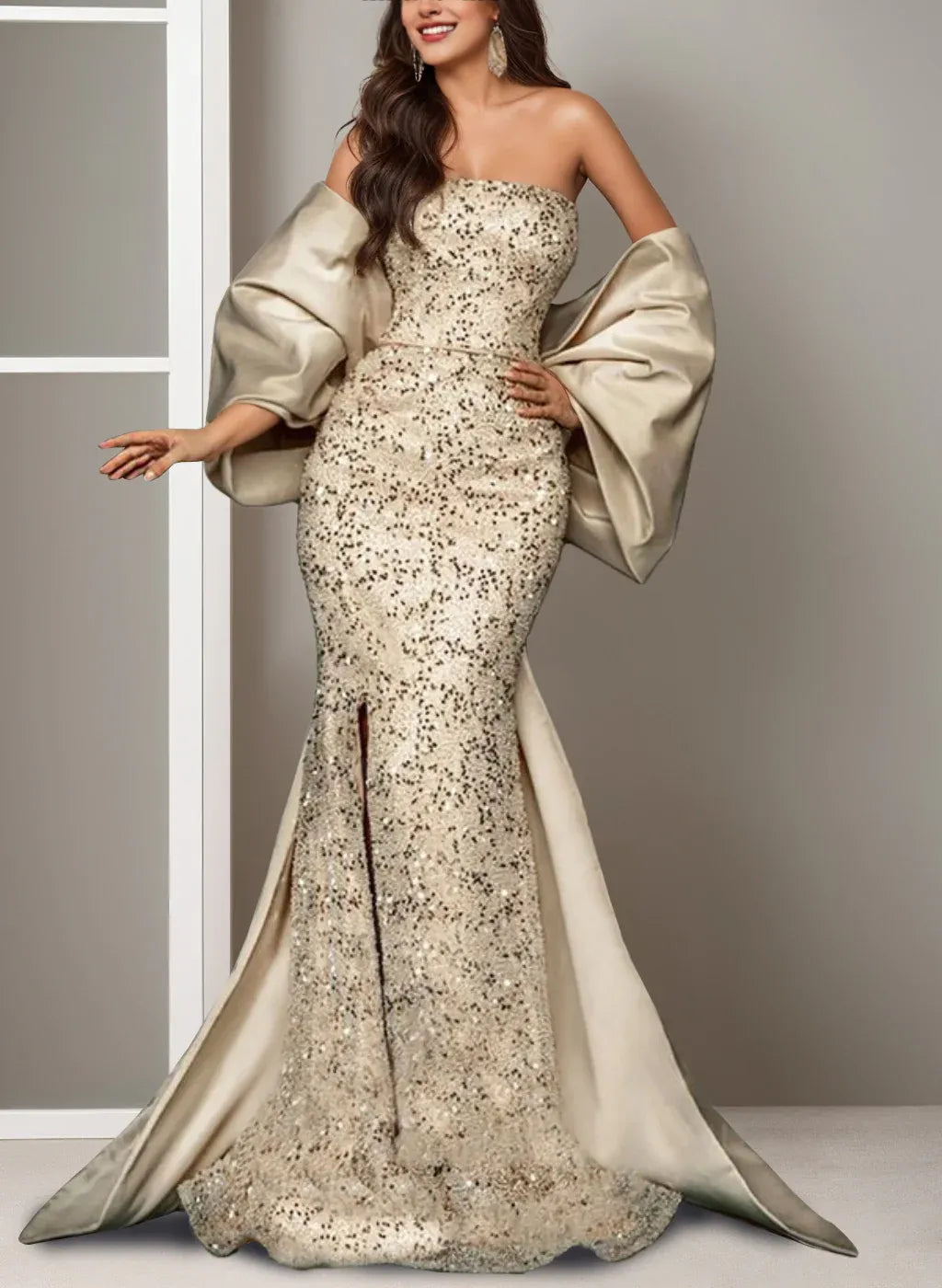 Gorgeous Mermaid Off-The-Shoulder Sleeveless Split Sequins Sweep Train Evening Dress