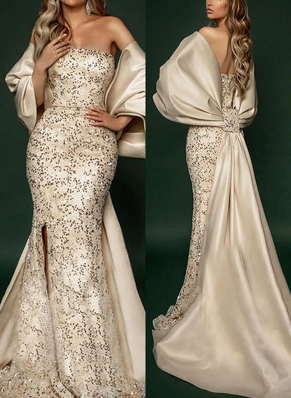 Gorgeous Mermaid Off-The-Shoulder Sleeveless Split Sequins Sweep Train Evening Dress